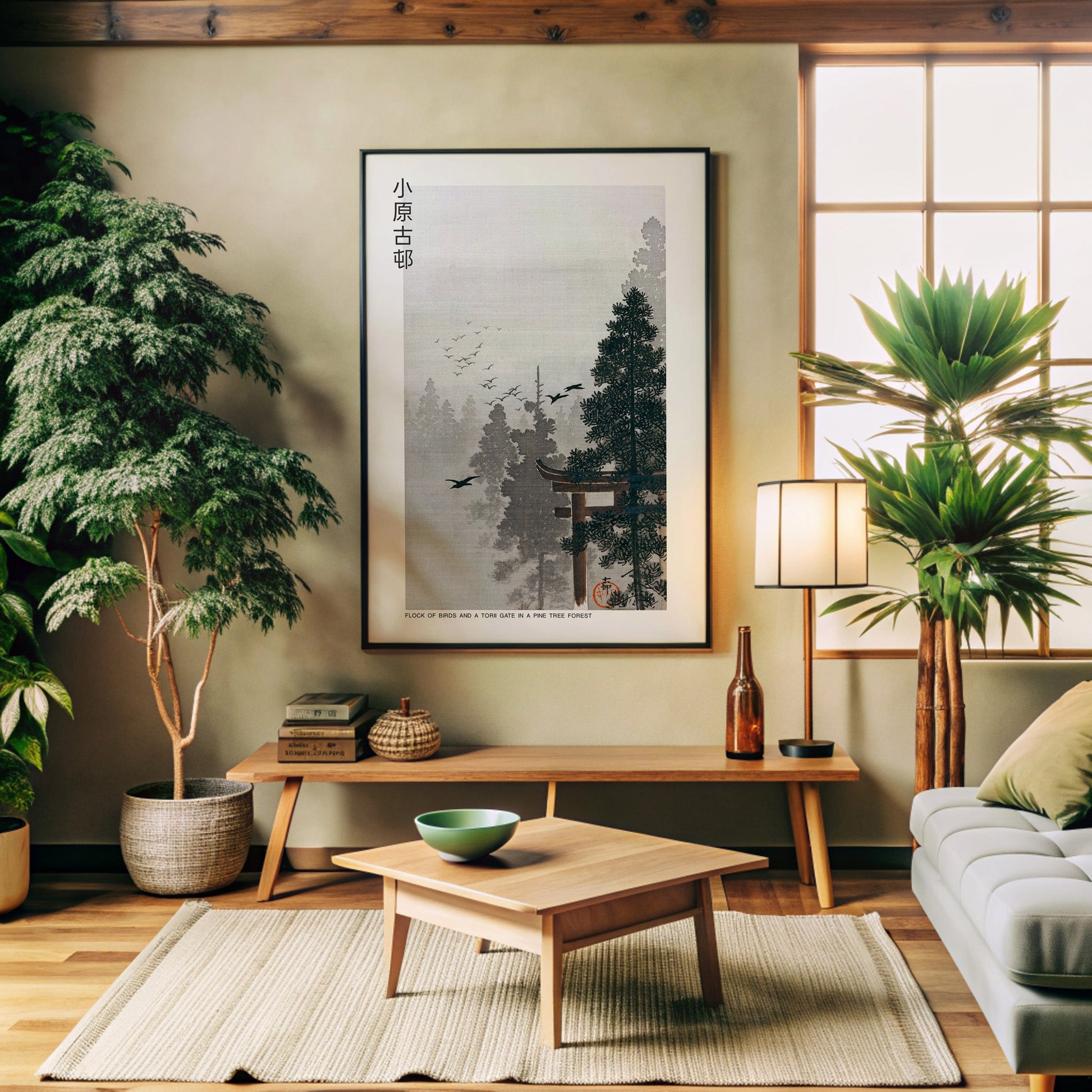 Design Concept No. 32 for Ohara Koson: Flock of Birds and a Torii Gate in a Pine Tree Forest - Japandi Japanese Wall Art