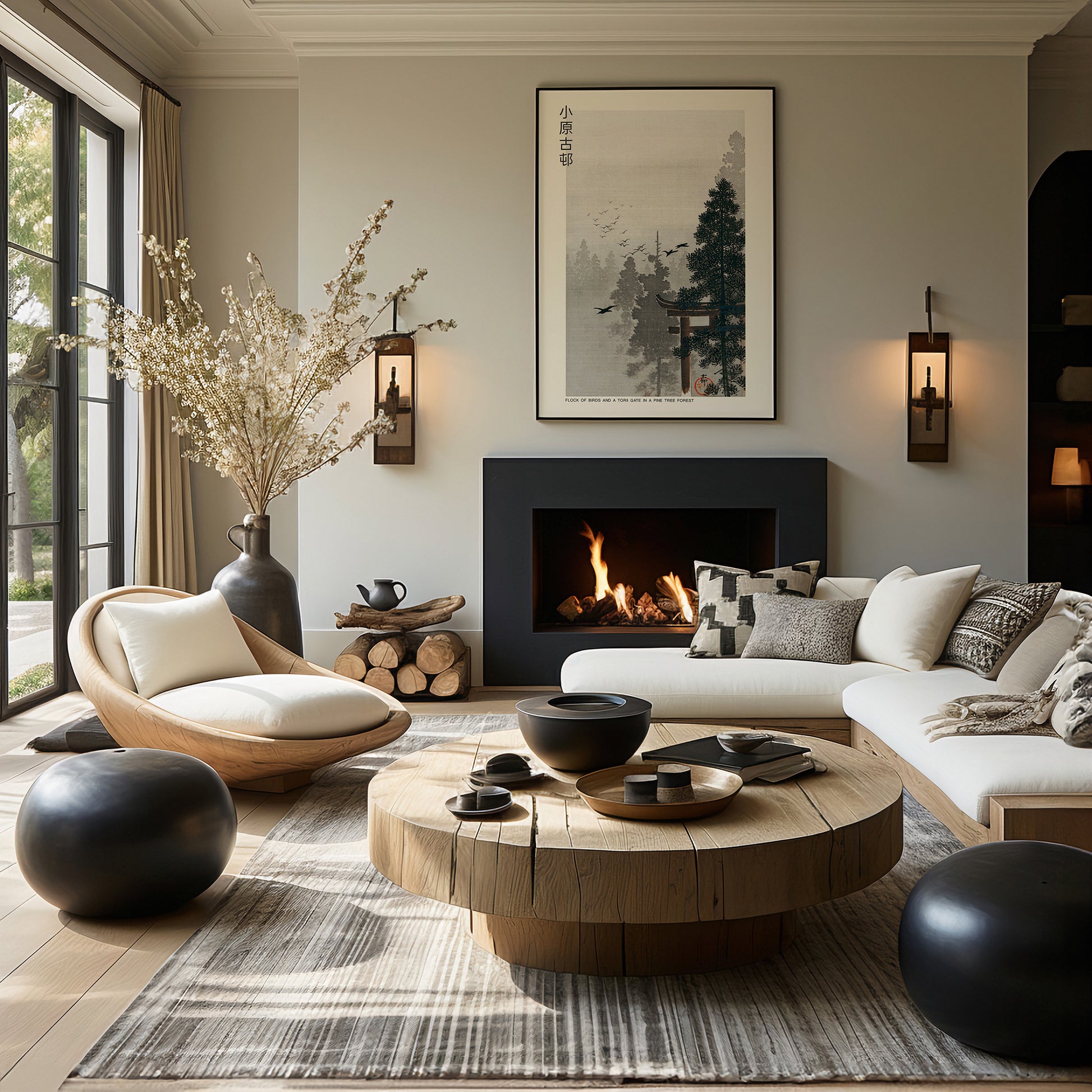 Interior Design Concept No 39 for Flock of Birds and a Torii Gate in a Pine Tree Forest Japandi Style Wall Art