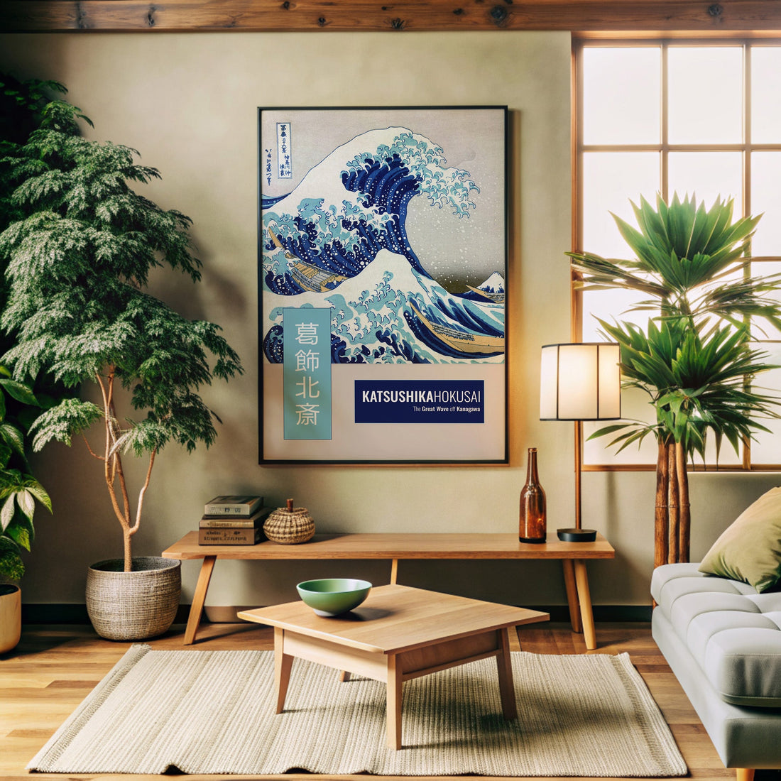 Katsushika Hokusai: The Great Wave off Kanagawa - Modern Japandi Style, 50x70cm Framed Art Reproduction With Black Frame
