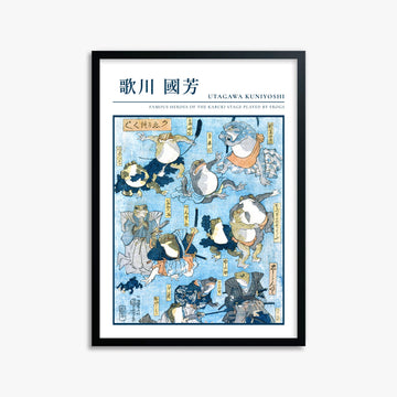 Utagawa Kuniyoshi: Famous Heroes of the Kabuki Stage Played by Frogs - Gallery-style 50x70 cm Art Reproduction With Black Frame