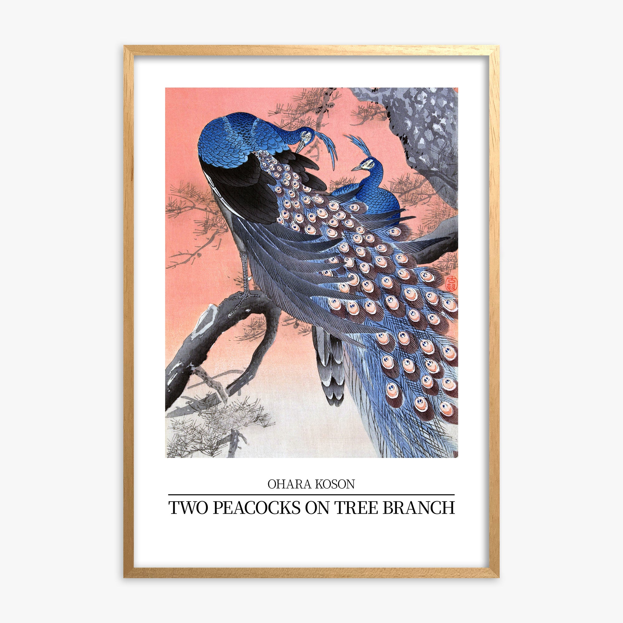 Ohara Koson: Two peacocks on tree branch - Japandi Style, Oak Framed Art Reproduction With Oak Frame