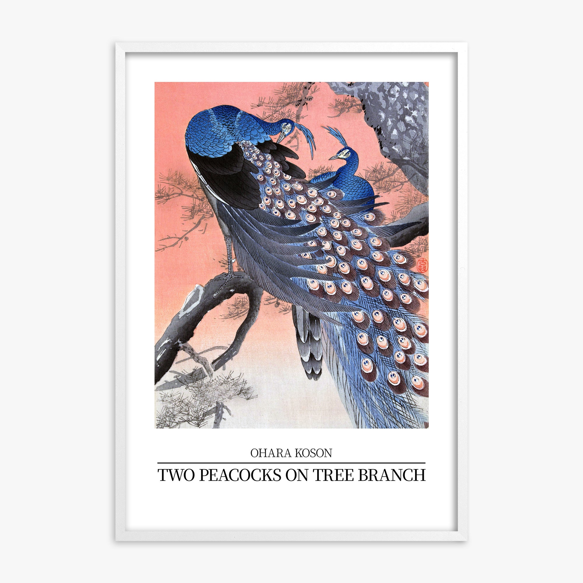 Ohara Koson: Two peacocks on tree branch - Japandi Style, White Framed Art Reproduction With White Frame
