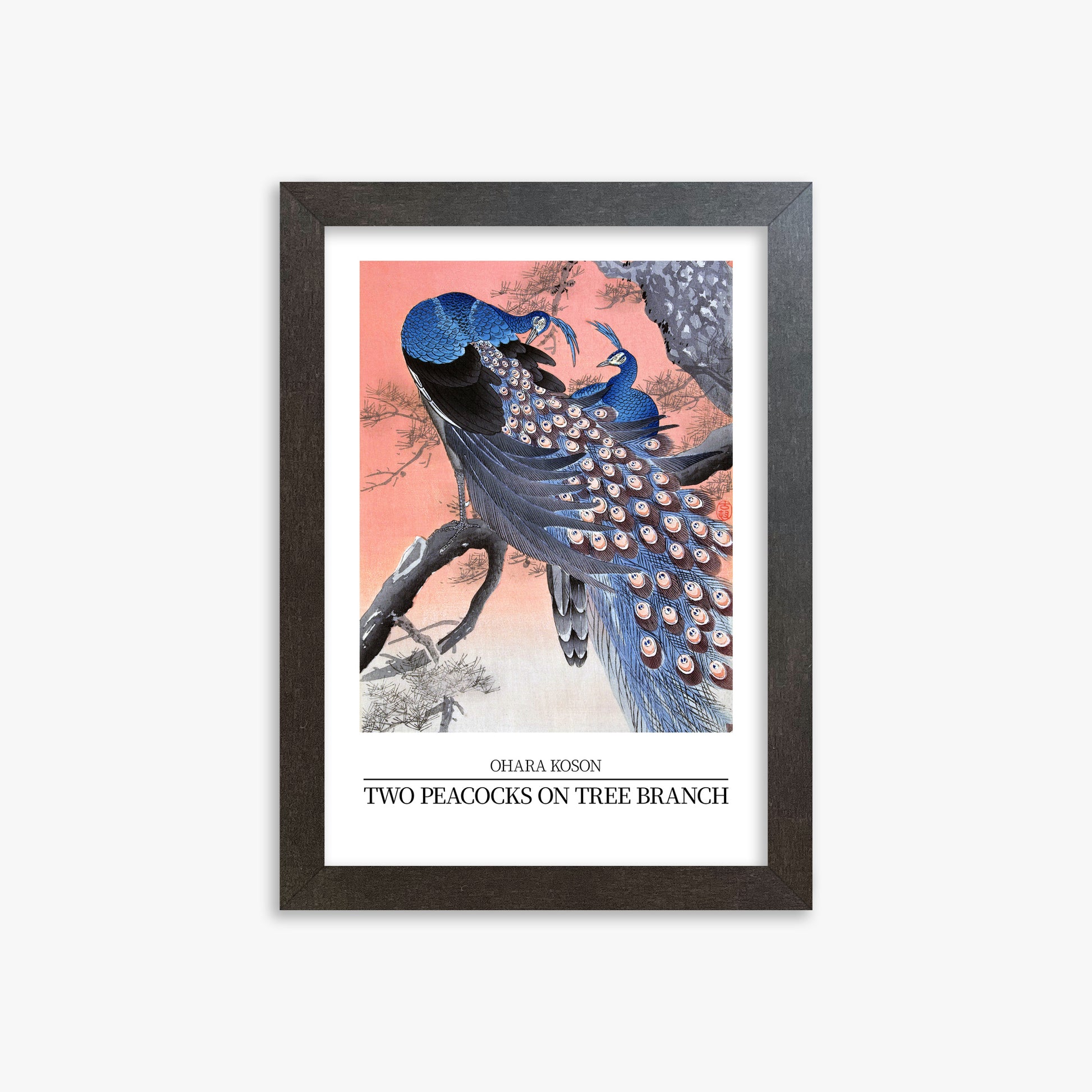 Ohara Koson: Two peacocks on tree branch - Japandi Style, 21x30cm Framed Art Reproduction With Espresso Frame
