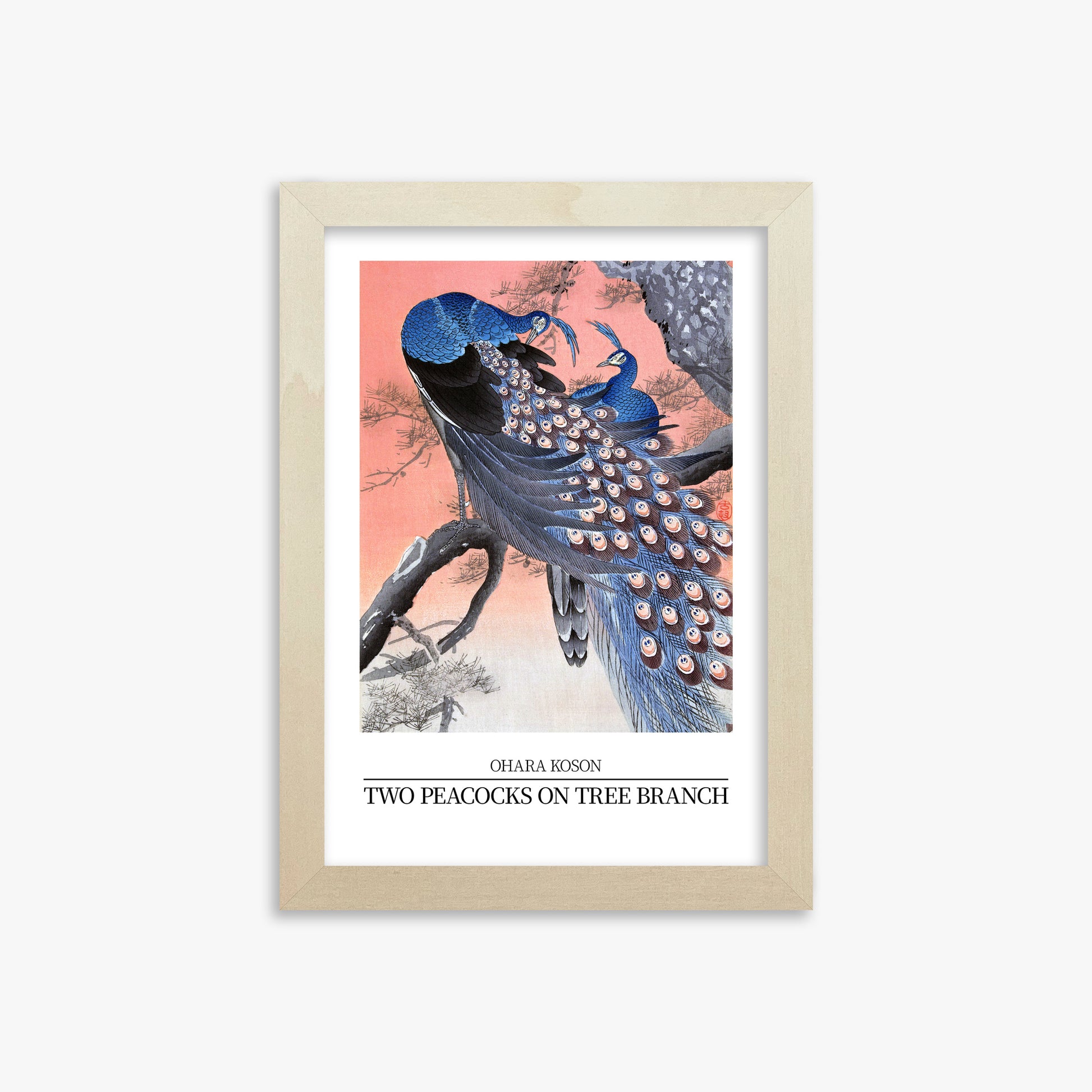 Ohara Koson: Two peacocks on tree branch - Japandi Style, 21x30cm Framed Art Reproduction With Lime Wood Frame