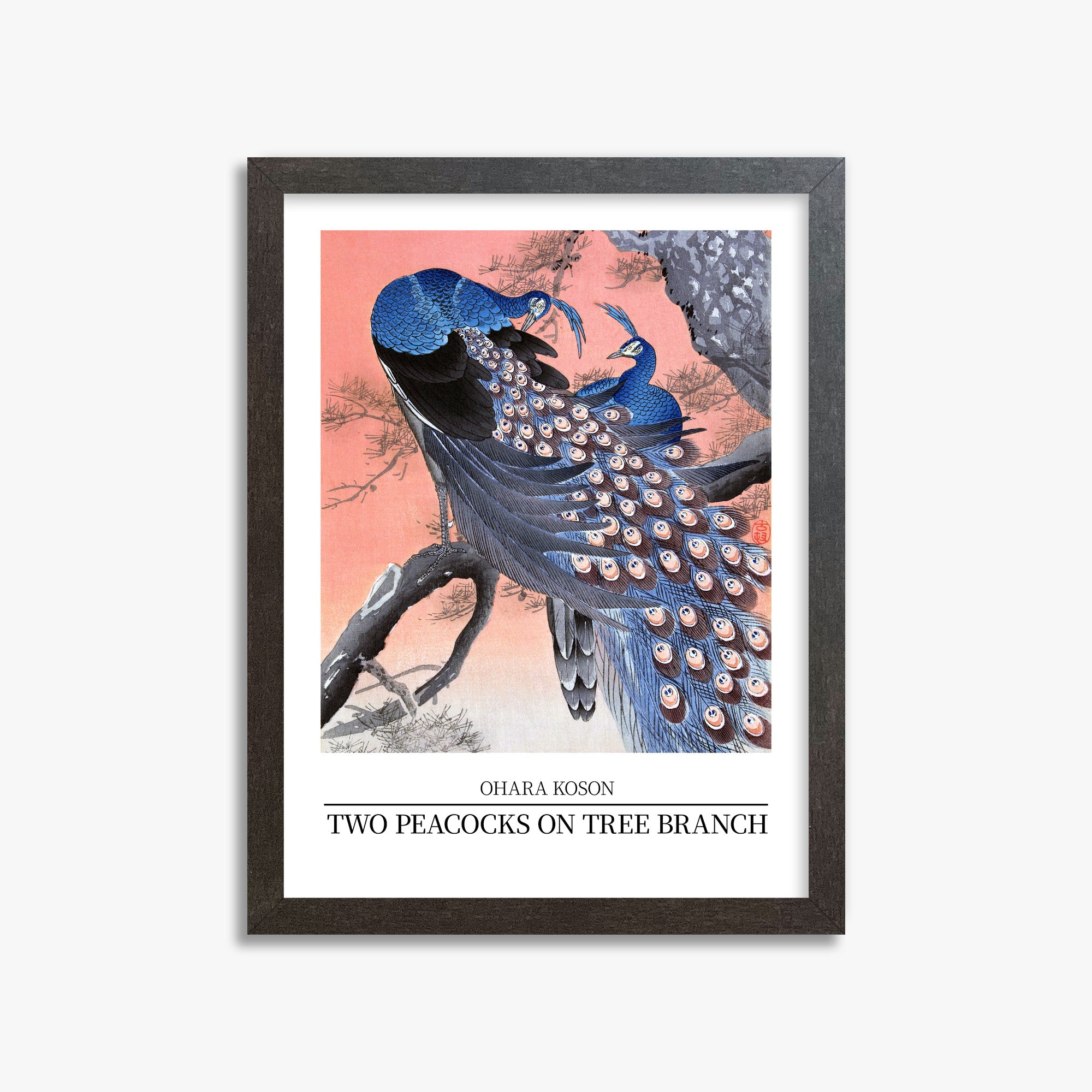 Ohara Koson: Two peacocks on tree branch - Japandi Style, 30x40cm Framed Art Reproduction With Espresso Frame