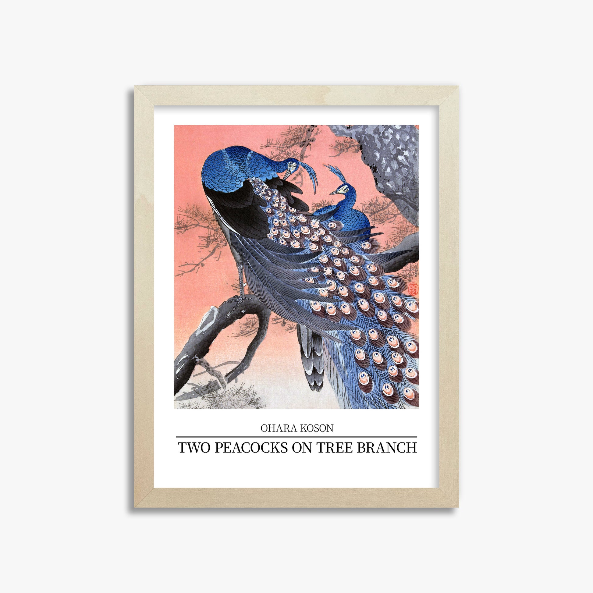 Ohara Koson: Two peacocks on tree branch - Japandi Style, 30x40cm Framed Art Reproduction With Lime Wood Frame