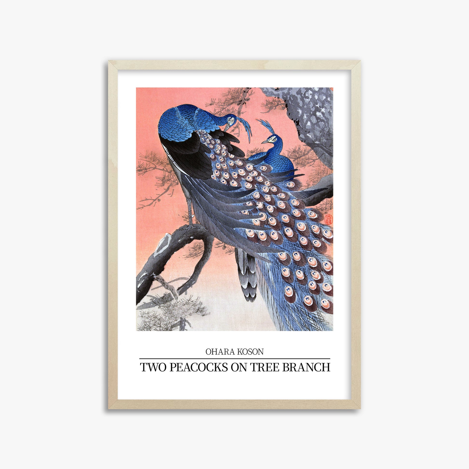Ohara Koson: Two peacocks on tree branch - Japandi Style, 50x70cm Framed Art Reproduction With Lime Wood Frame