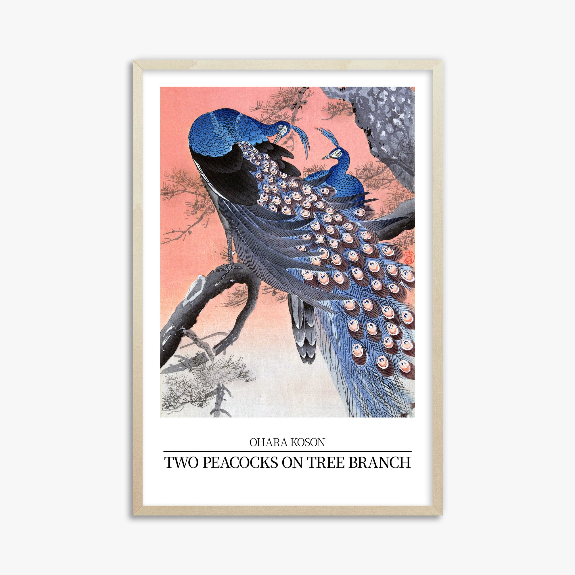 Ohara Koson: Two peacocks on tree branch - Japandi Style, 61x91cm Framed Art Reproduction With Lime Wood Frame