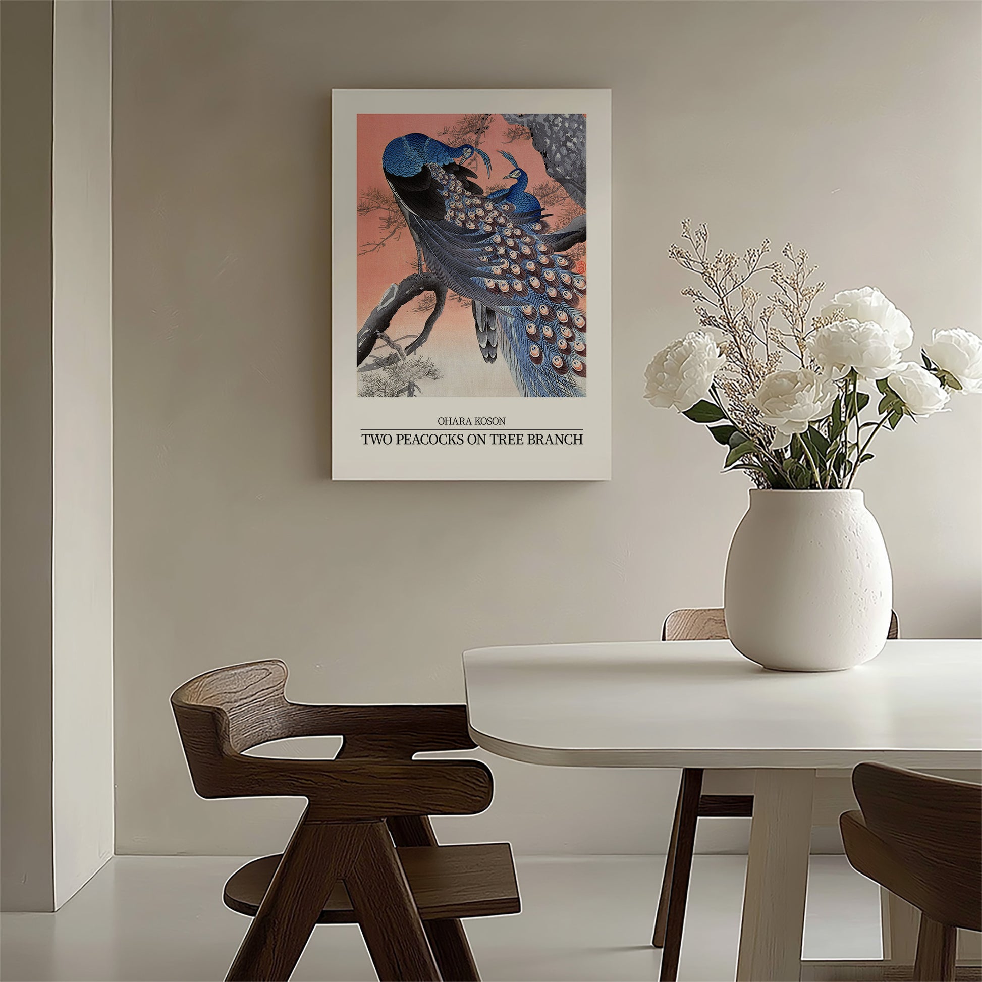 Design Concept No. 58 for Ohara Koson: Two peacocks on tree branch - Japandi Style Japanese Wall Art