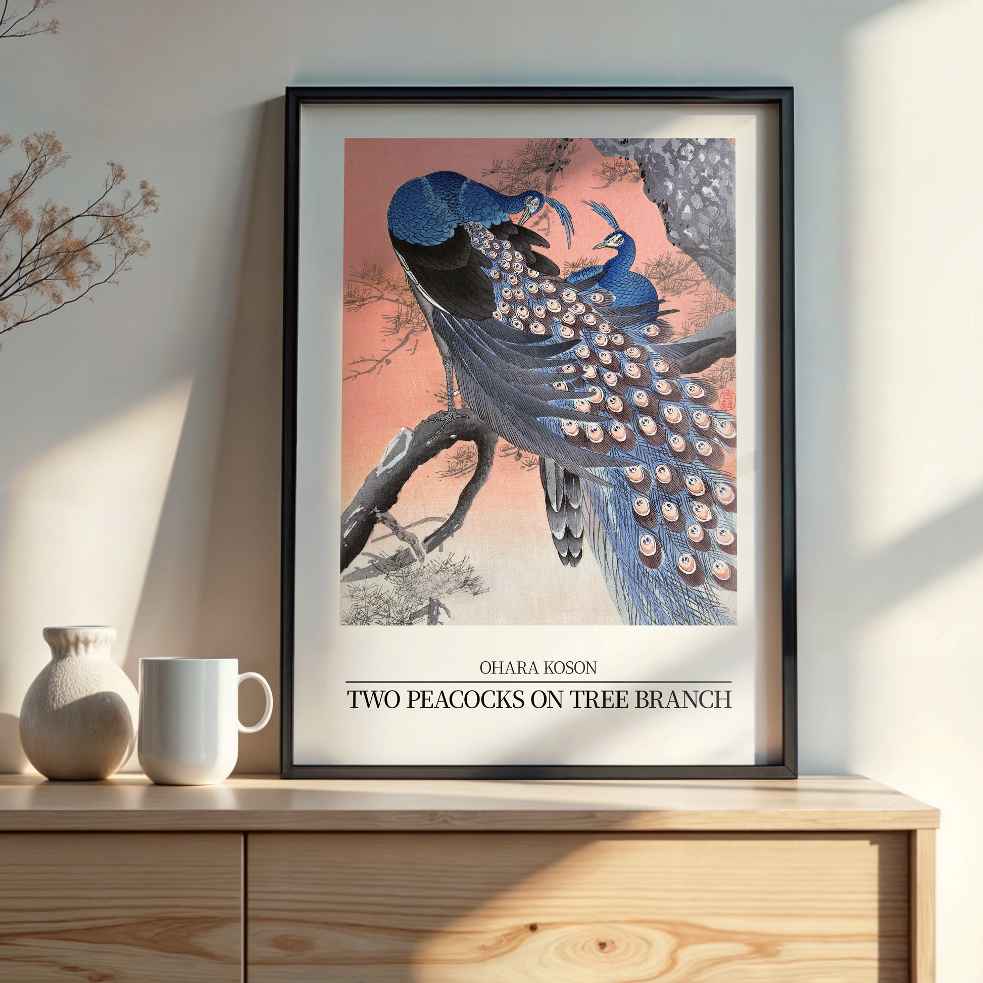 Design Concept No. 22 for Ohara Koson: Two peacocks on tree branch - Japandi Style Japanese Wall Art