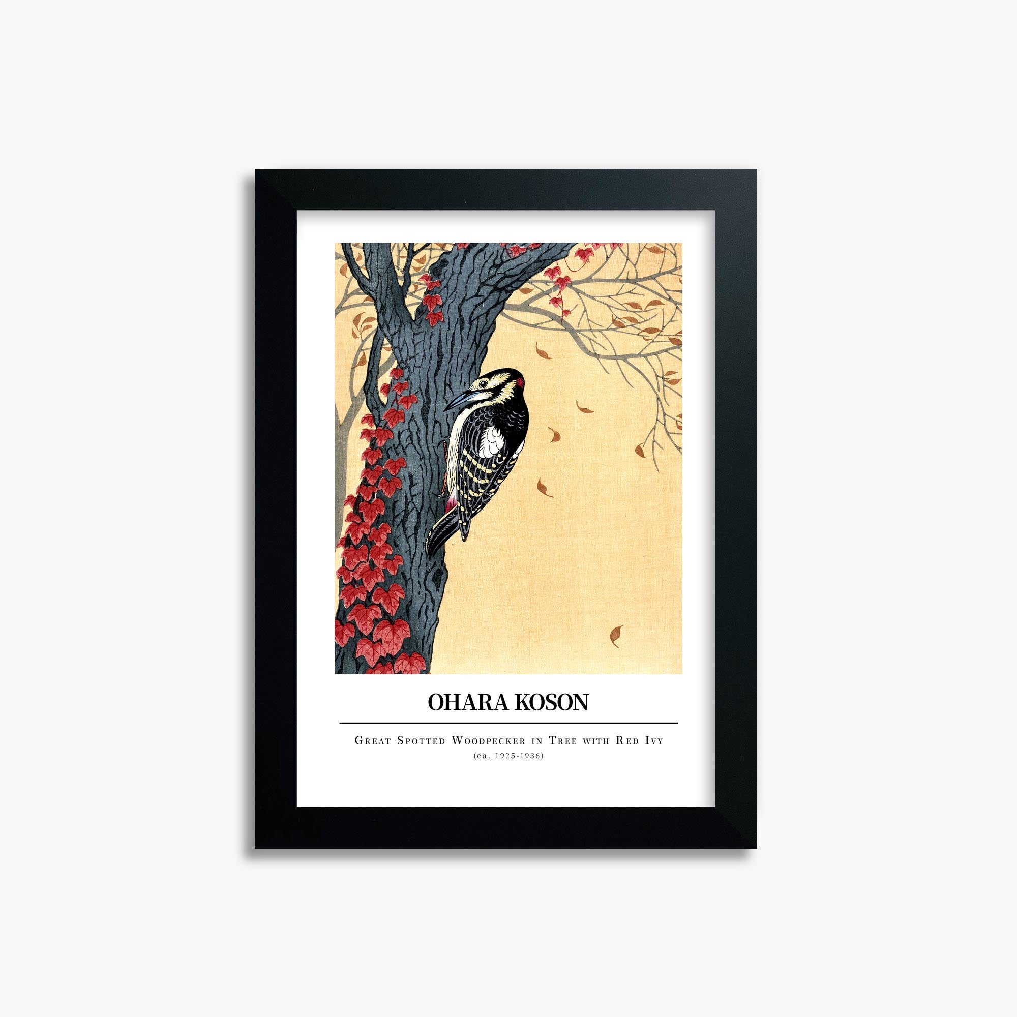Ohara Koson: Great spotted woodpecker in tree with red ivy - Gallery-style 21x30 cm Art Reproduction With Black Frame