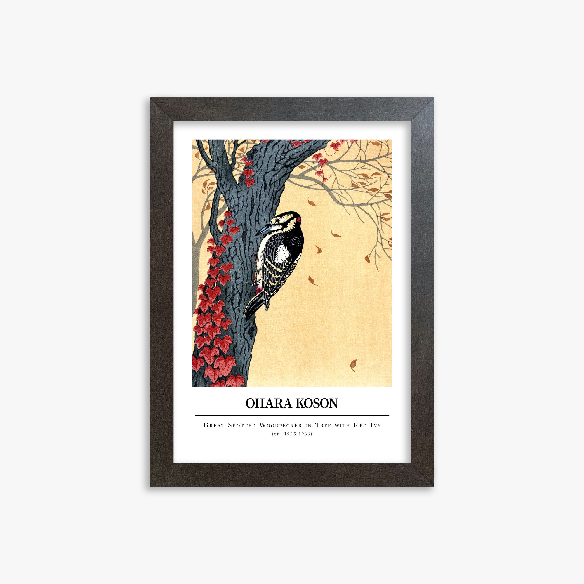 Ohara Koson: Great spotted woodpecker in tree with red ivy - Gallery-style, 21x30cm Framed Art Reproduction With Espresso Frame