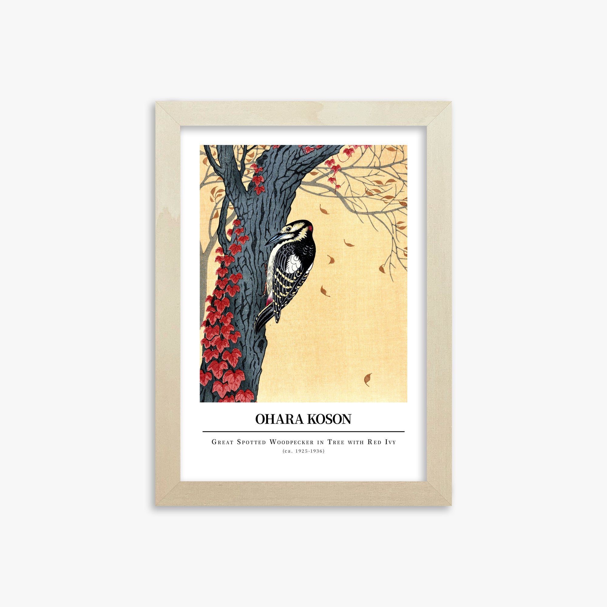 Ohara Koson: Great spotted woodpecker in tree with red ivy - Gallery-style, 21x30cm Framed Art Reproduction With Lime Wood Frame