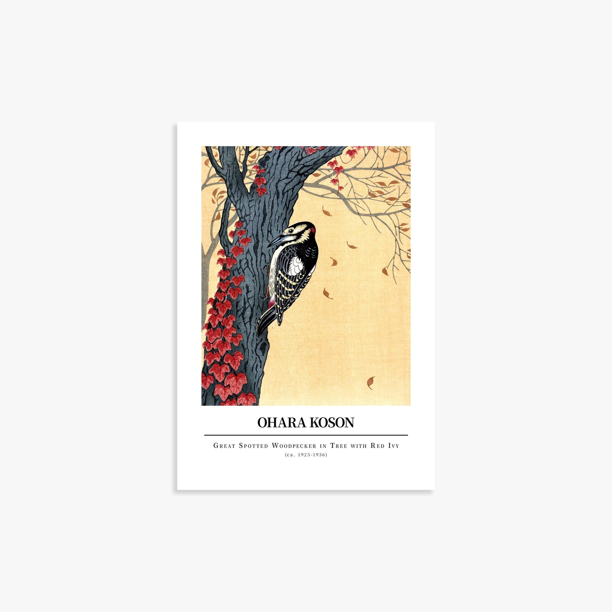 Ohara Koson: Great spotted woodpecker in tree with red ivy - Gallery-style 21x30 cm Art Reproduction Unframed