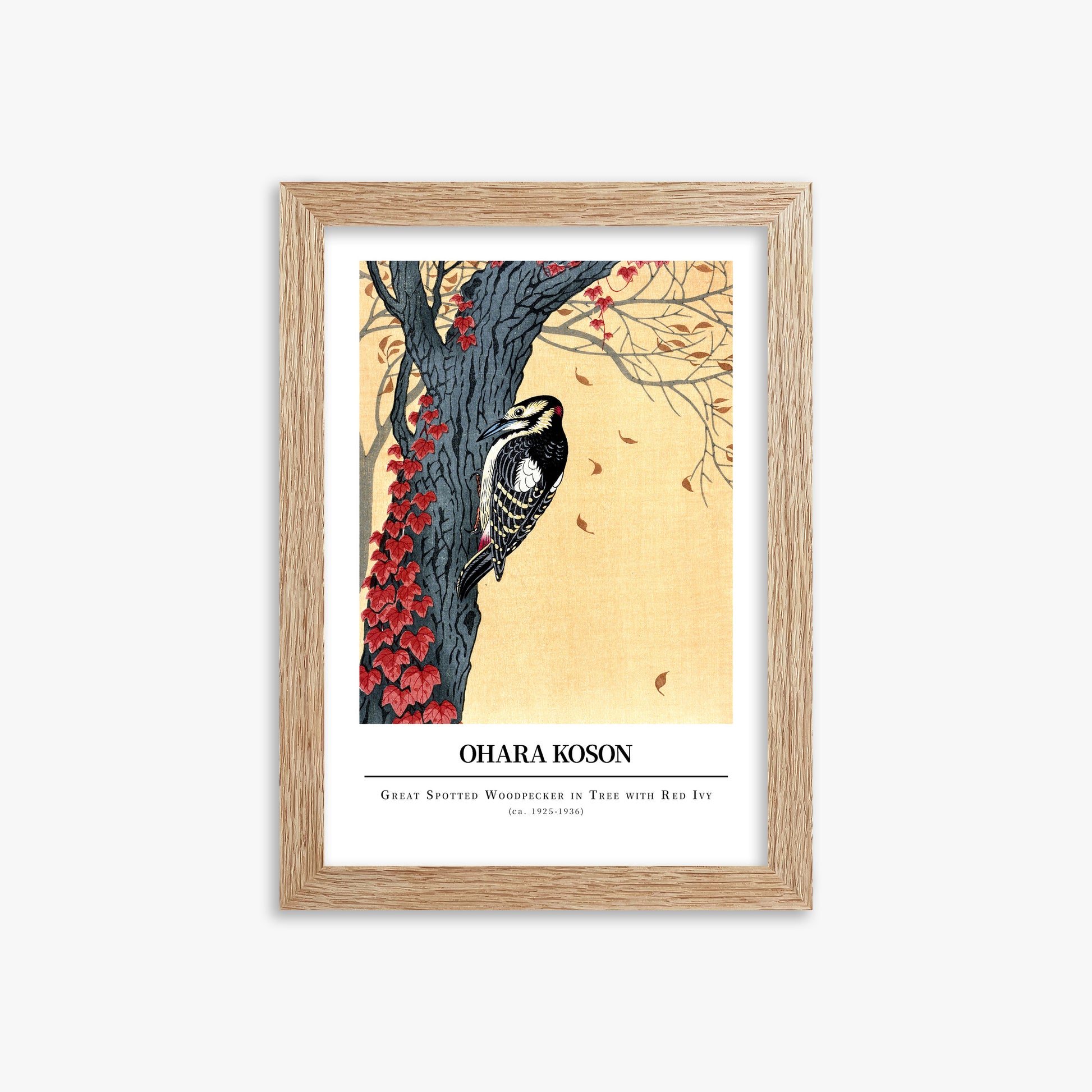 Ohara Koson: Great spotted woodpecker in tree with red ivy - Gallery-style, 21x30cm Framed Art Reproduction With Raw Oak Frame