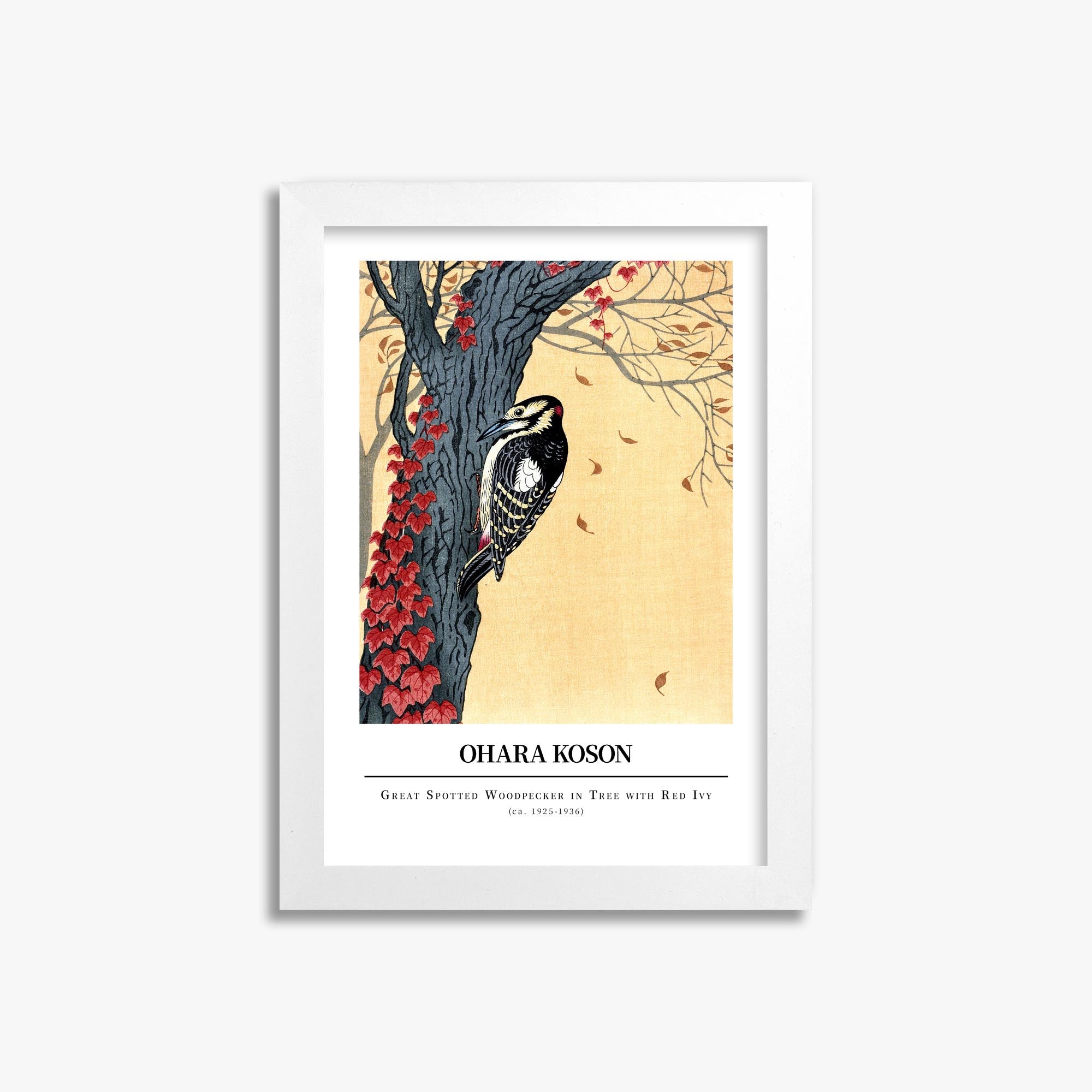 Ohara Koson: Great spotted woodpecker in tree with red ivy - Gallery-style 21x30 cm Art Reproduction With White Frame