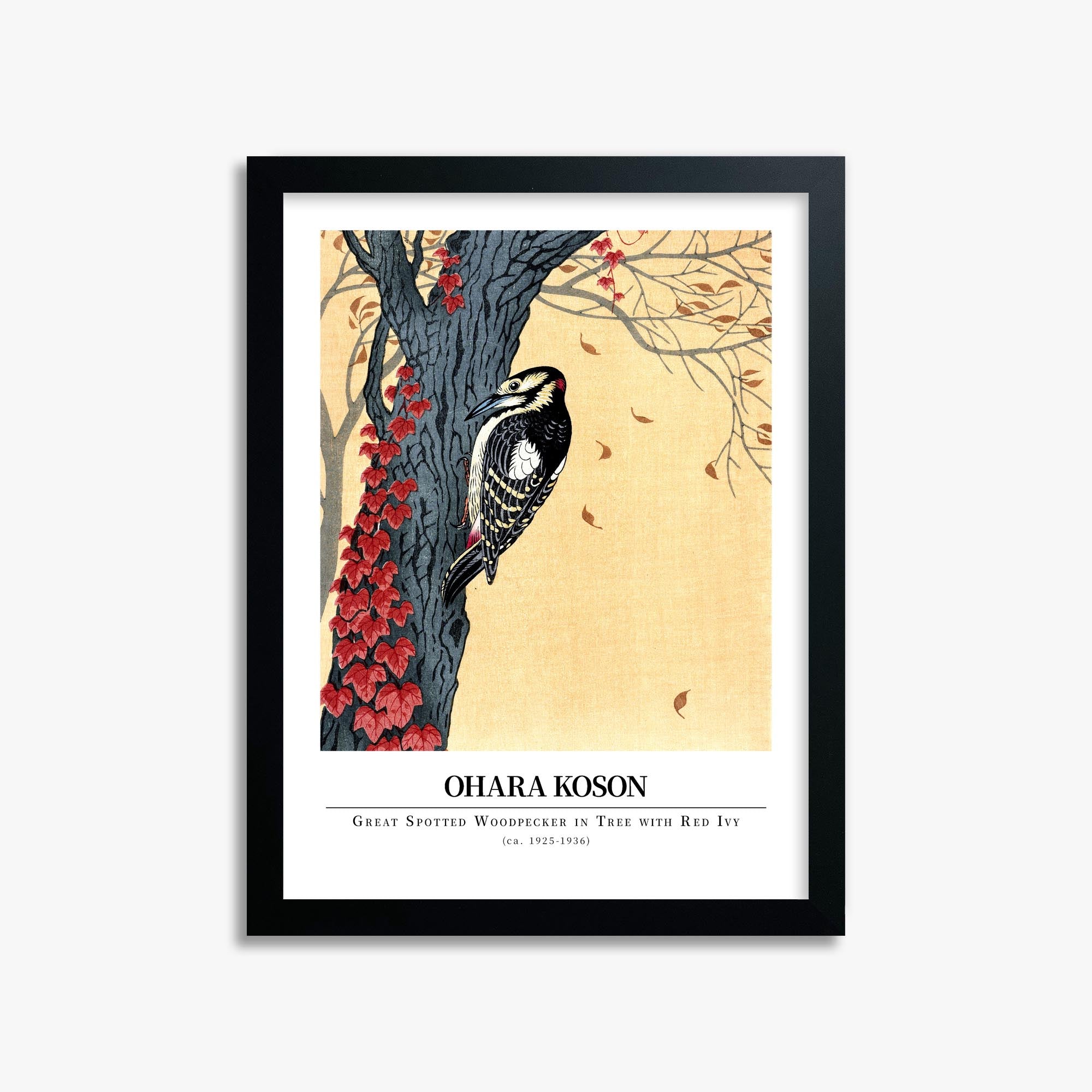 Ohara Koson: Great spotted woodpecker in tree with red ivy - Gallery-style 30x40 cm Art Reproduction With Black Frame
