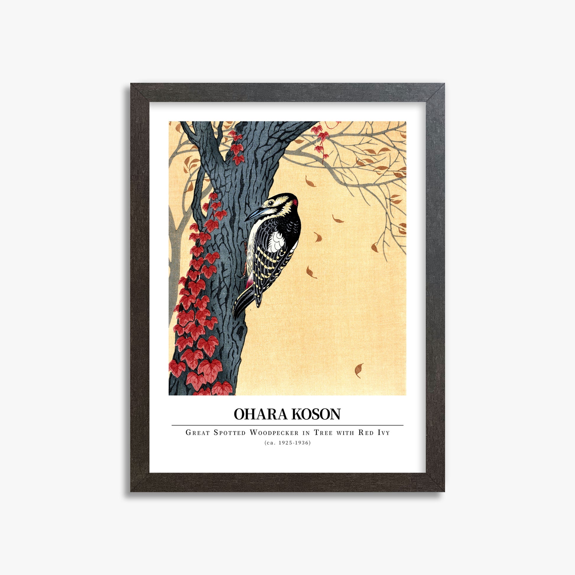 Ohara Koson: Great spotted woodpecker in tree with red ivy - Gallery-style, 30x40cm Framed Art Reproduction With Espresso Frame