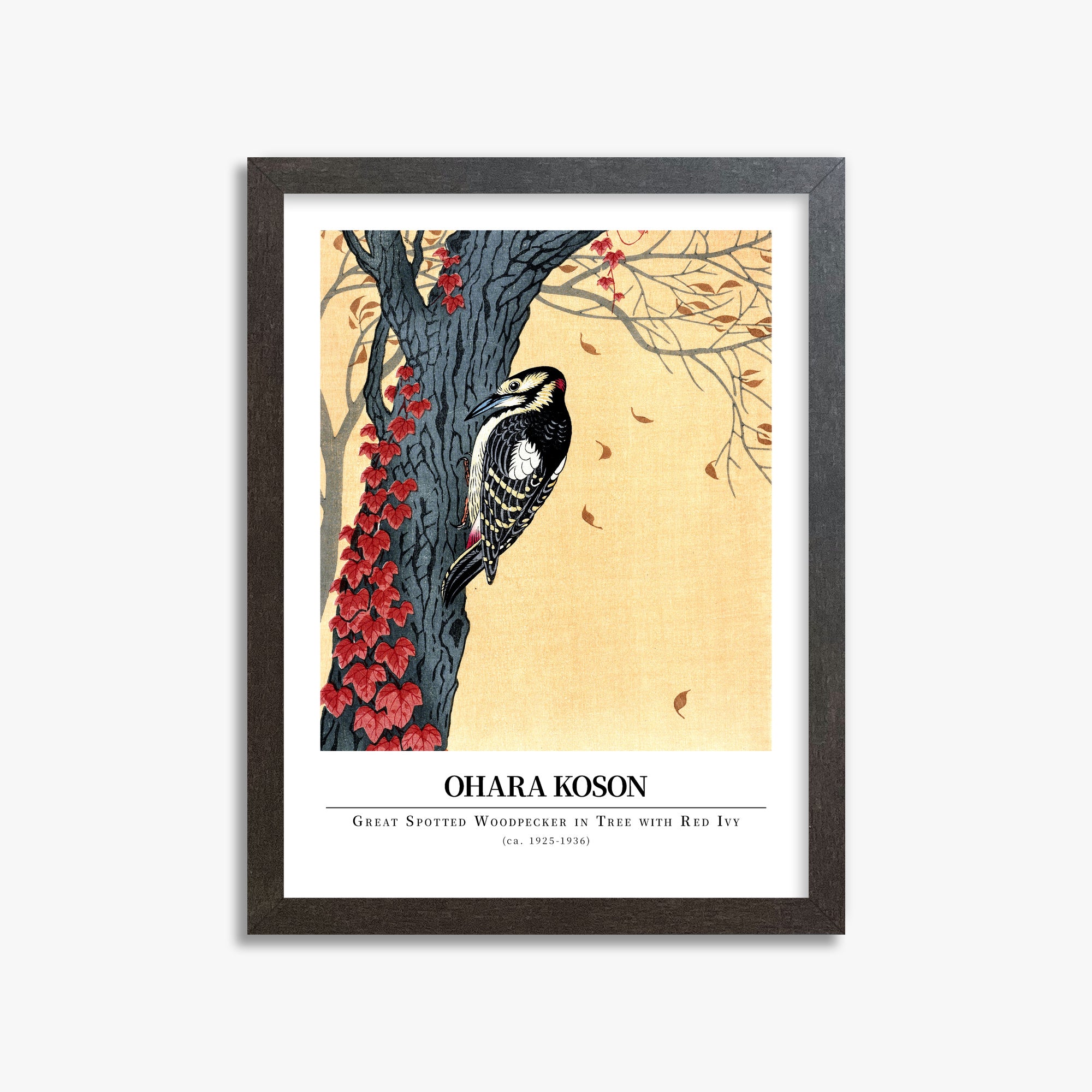 Ohara Koson: Great spotted woodpecker in tree with red ivy - Gallery-style, 30x40cm Framed Art Reproduction With Espresso Frame