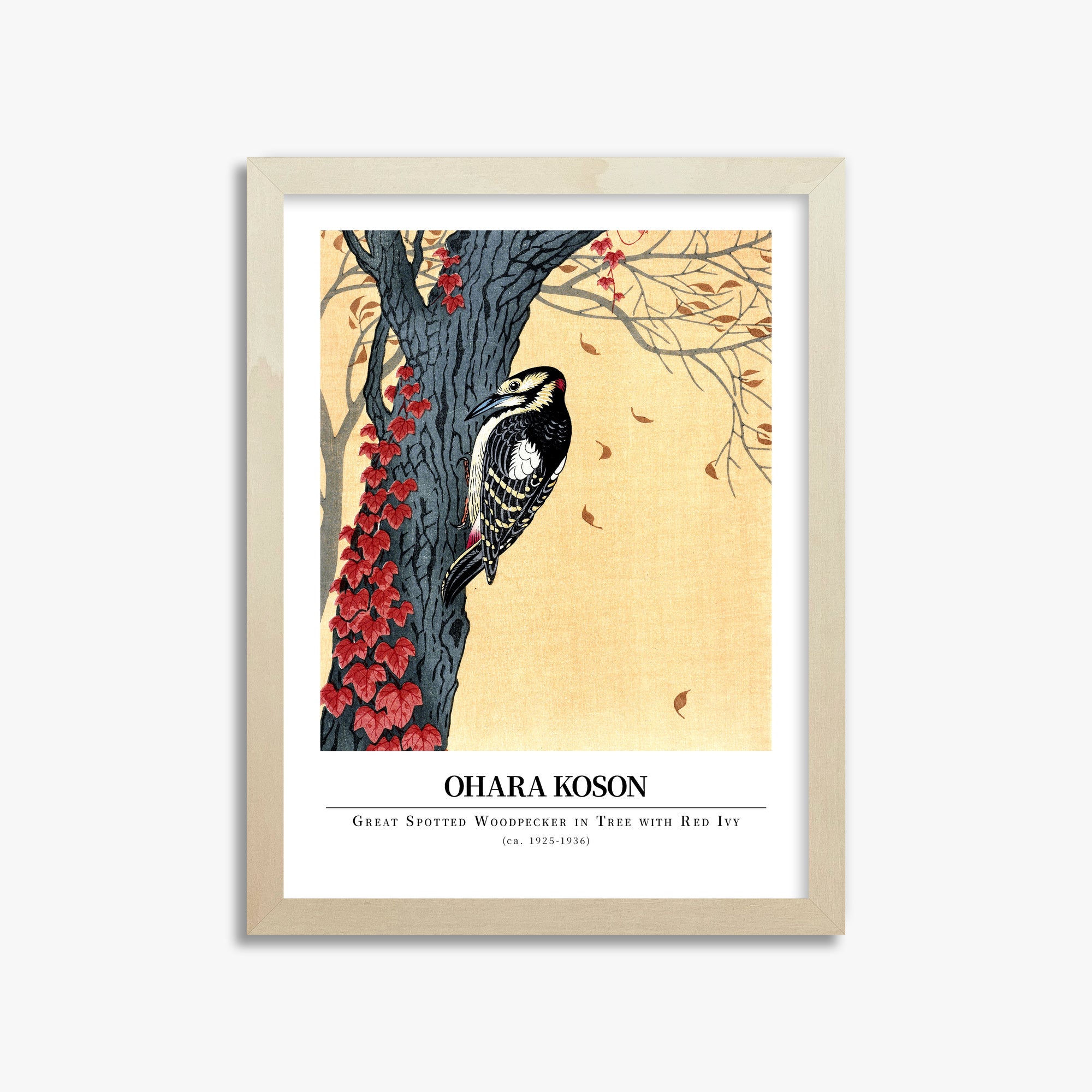 Ohara Koson: Great spotted woodpecker in tree with red ivy - Gallery-style, 30x40cm Framed Art Reproduction With Lime Wood Frame