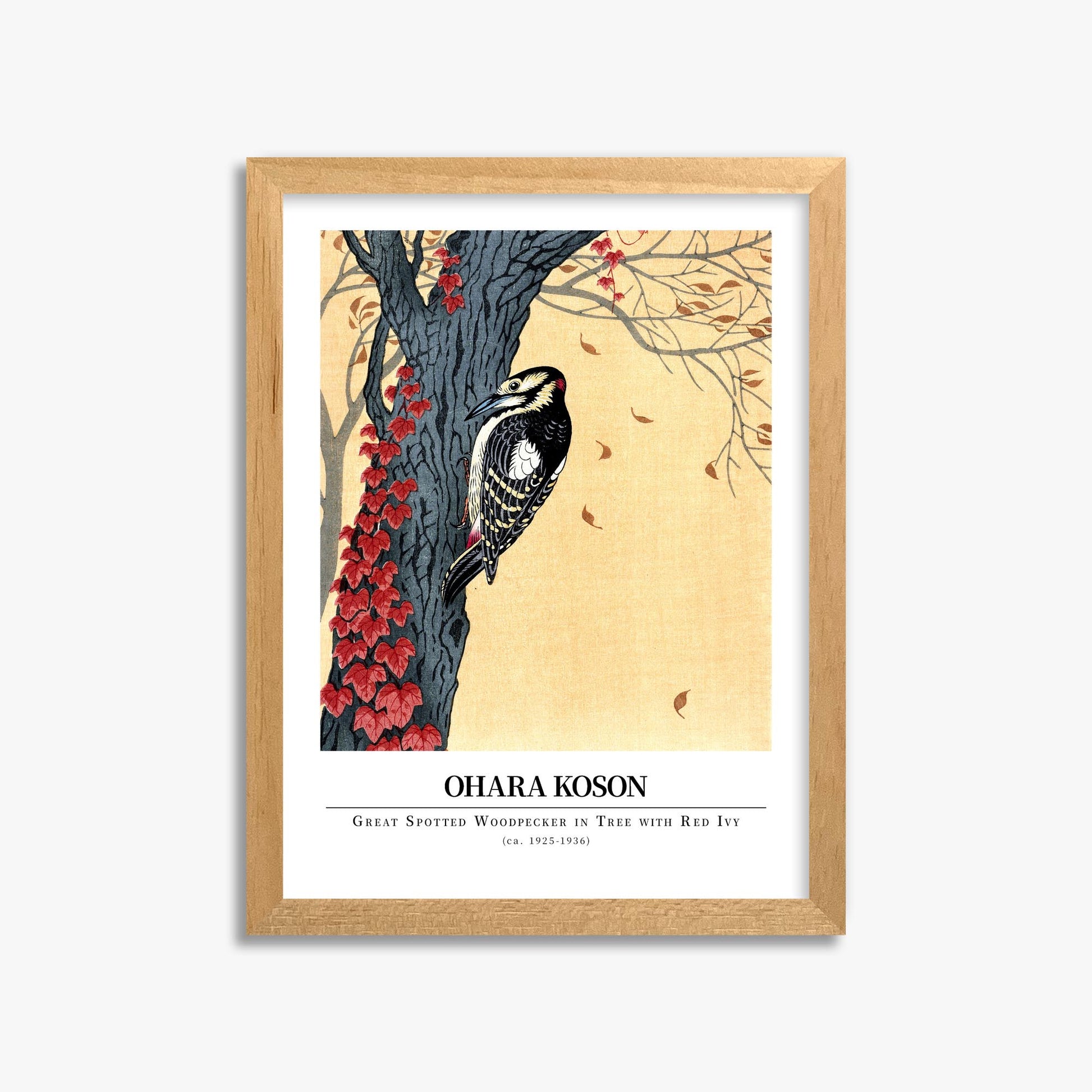 Ohara Koson: Great spotted woodpecker in tree with red ivy - Gallery-style 30x40 cm Art Reproduction With Oak Frame