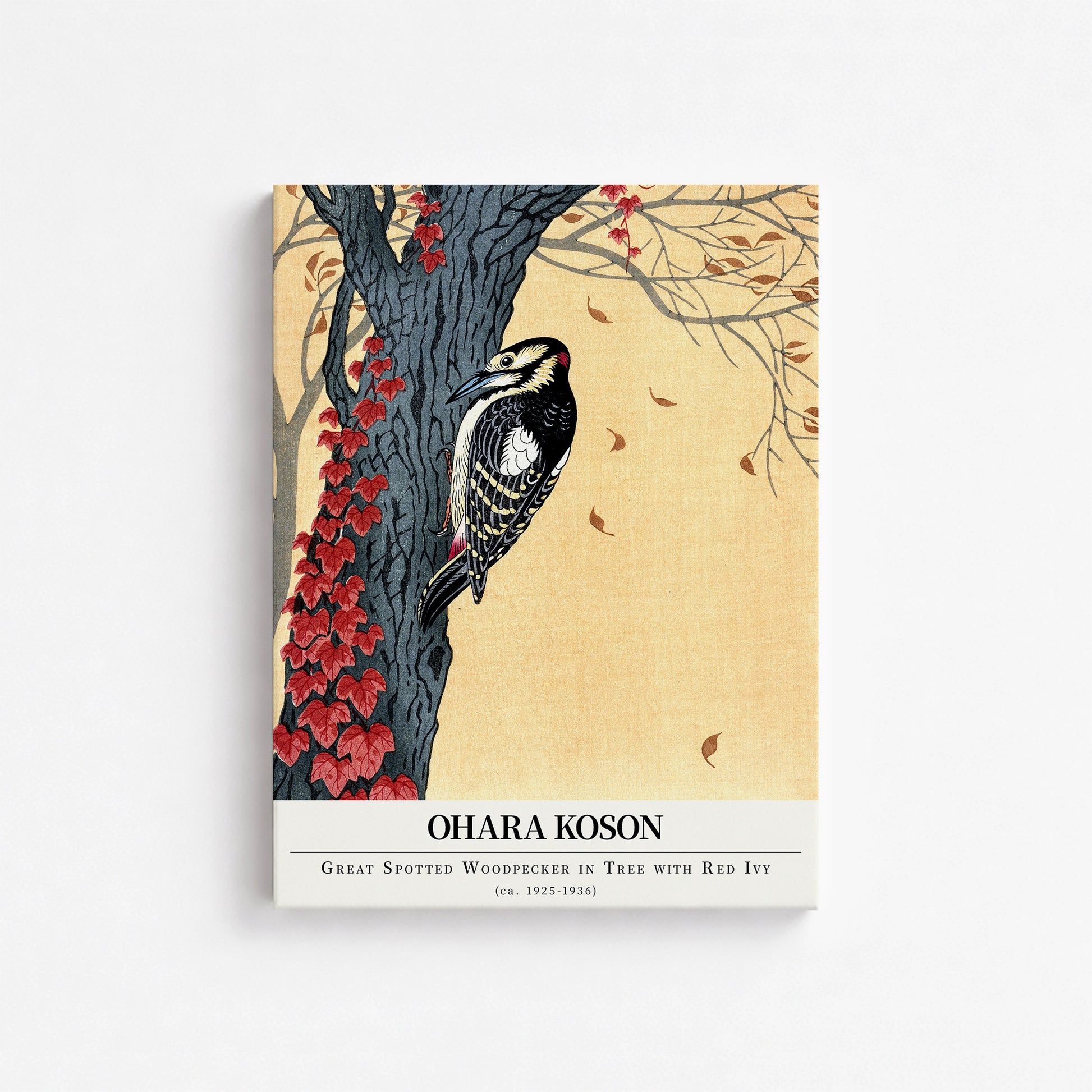 Ohara Koson: Great spotted woodpecker in tree with red ivy - Gallery-style, 30x40cm Satin Canvas Art Reproduction