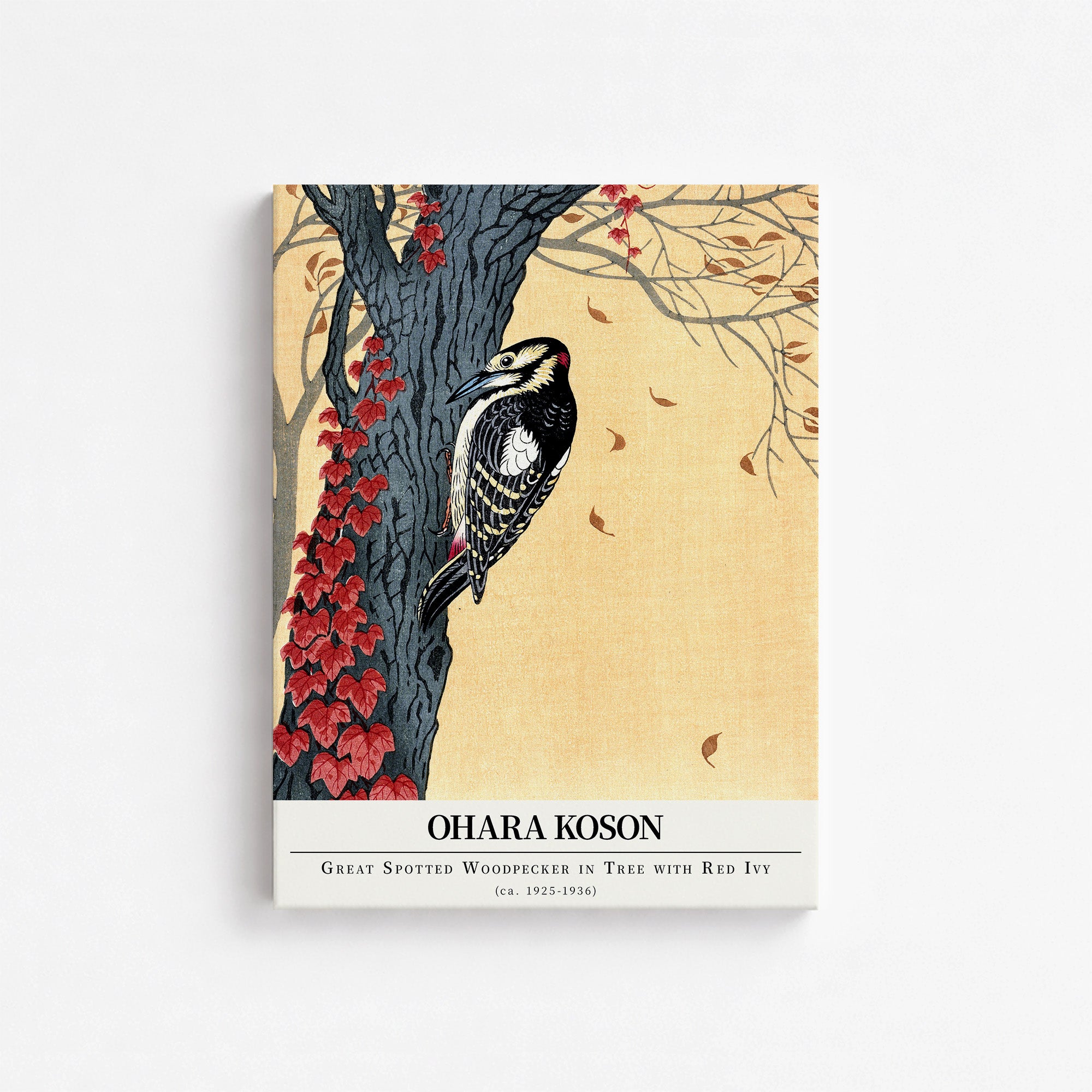 Ohara Koson: Great spotted woodpecker in tree with red ivy - Gallery-style, 30x40cm Satin Canvas Art Reproduction