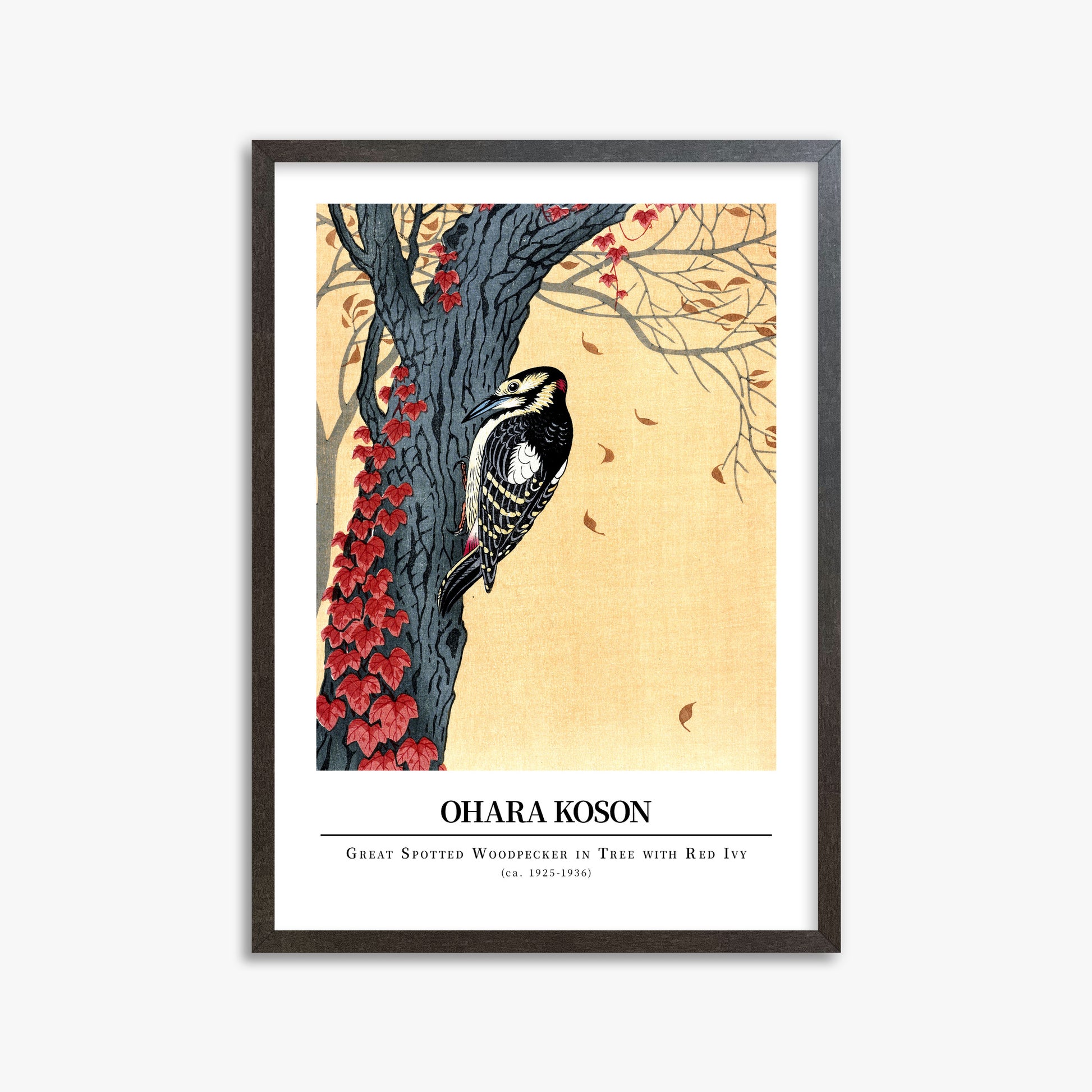 Ohara Koson: Great spotted woodpecker in tree with red ivy - Gallery-style, 50x70cm Framed Art Reproduction With Espresso Frame