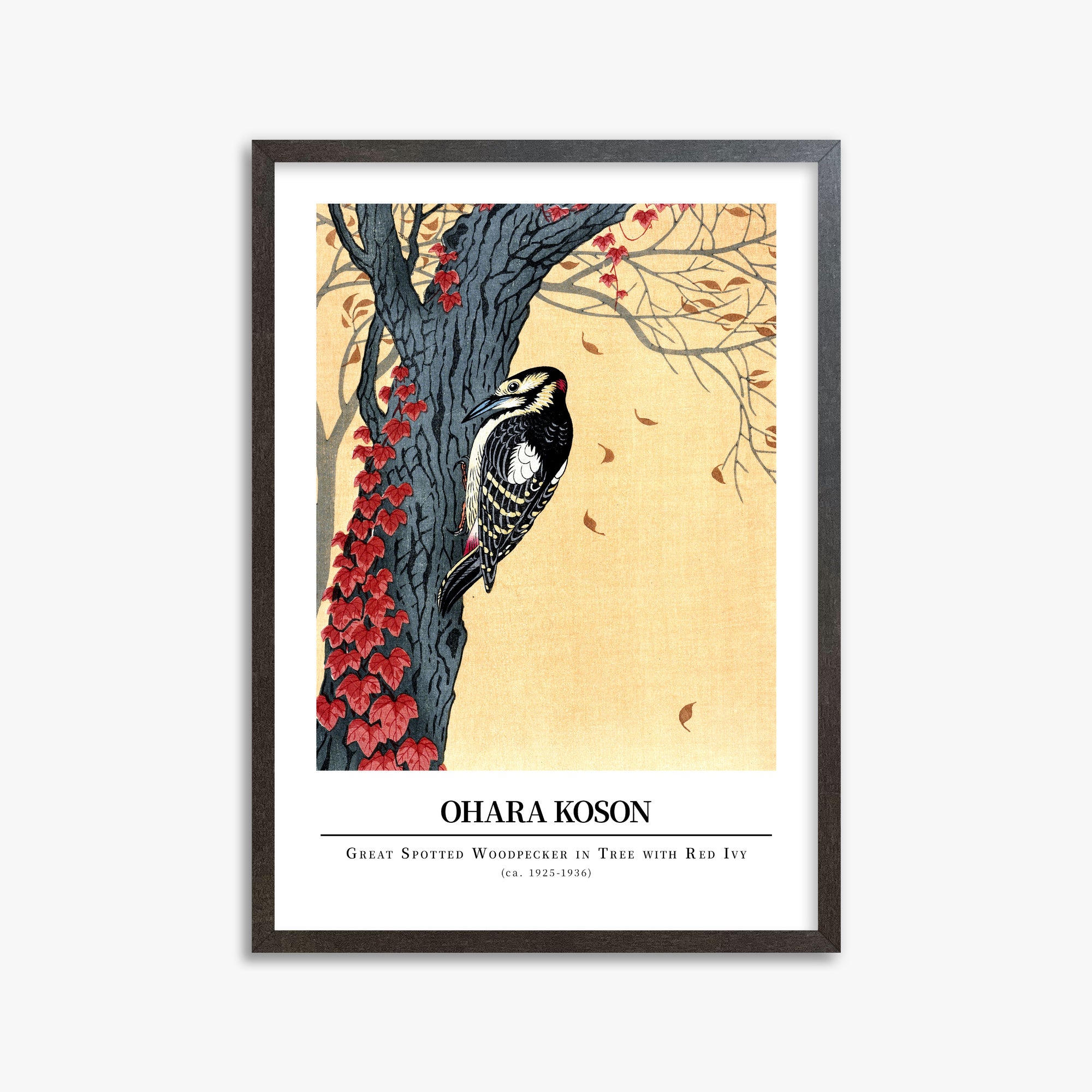 Ohara Koson: Great spotted woodpecker in tree with red ivy - Gallery-style, 50x70cm Framed Art Reproduction With Espresso Frame