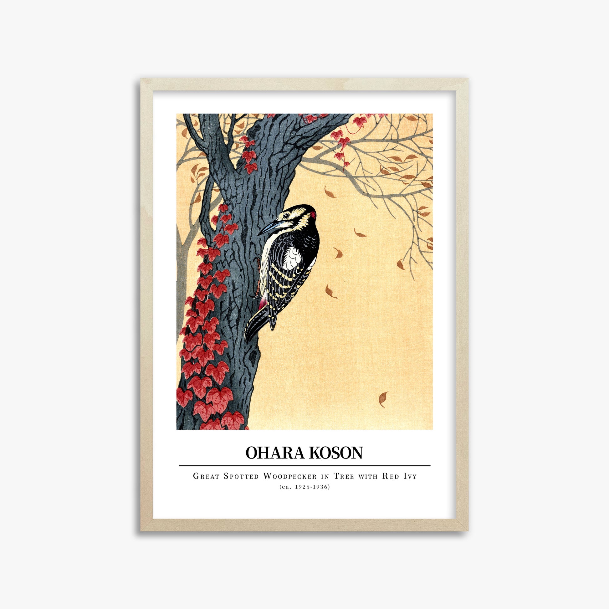 Ohara Koson: Great spotted woodpecker in tree with red ivy - Gallery-style, 50x70cm Framed Art Reproduction With Lime Wood Frame