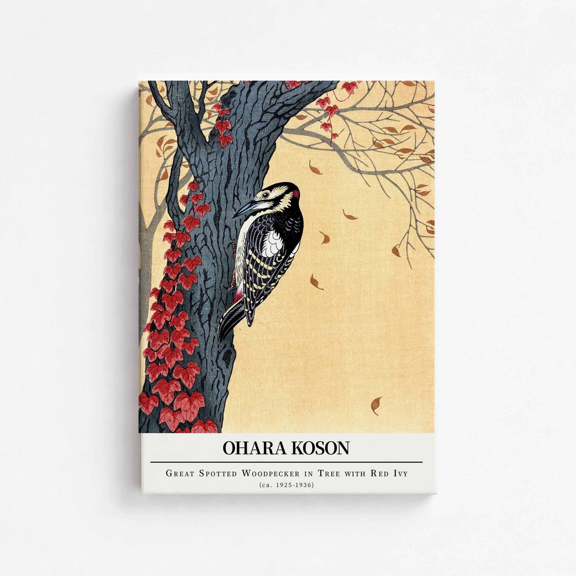 Ohara Koson: Great spotted woodpecker in tree with red ivy - Gallery-style, 50x70cm Satin Canvas Art Reproduction