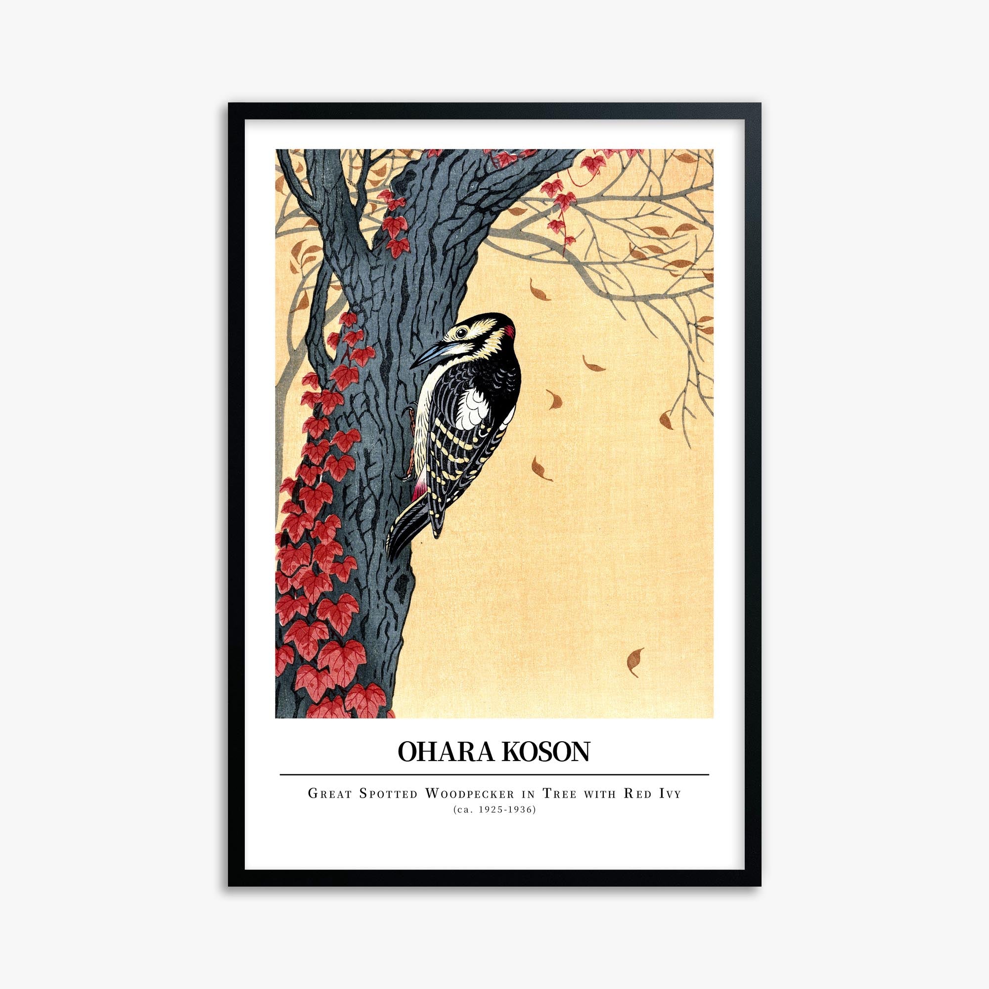 Ohara Koson: Great spotted woodpecker in tree with red ivy - Gallery-style 61x91 cm Art Reproduction With Black Frame