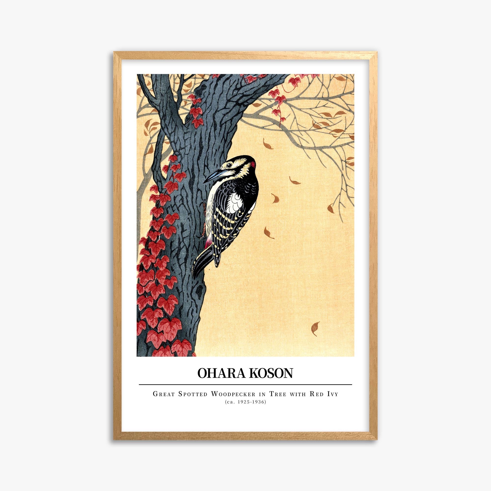 Ohara Koson: Great spotted woodpecker in tree with red ivy - Gallery-style 61x91 cm Art Reproduction With Oak Frame