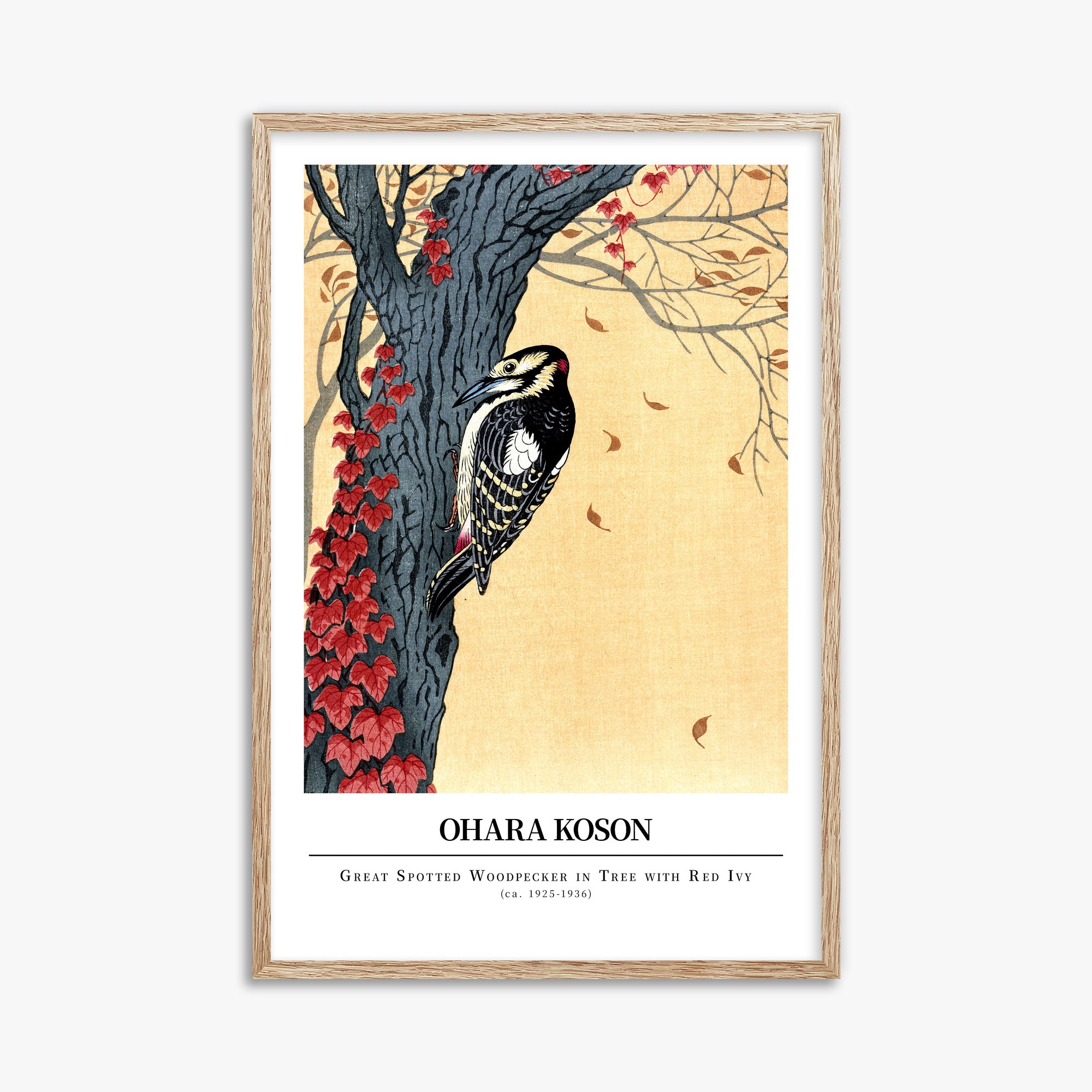 Ohara Koson: Great spotted woodpecker in tree with red ivy - Gallery-style, 61x91cm Framed Art Reproduction With Raw Oak Frame