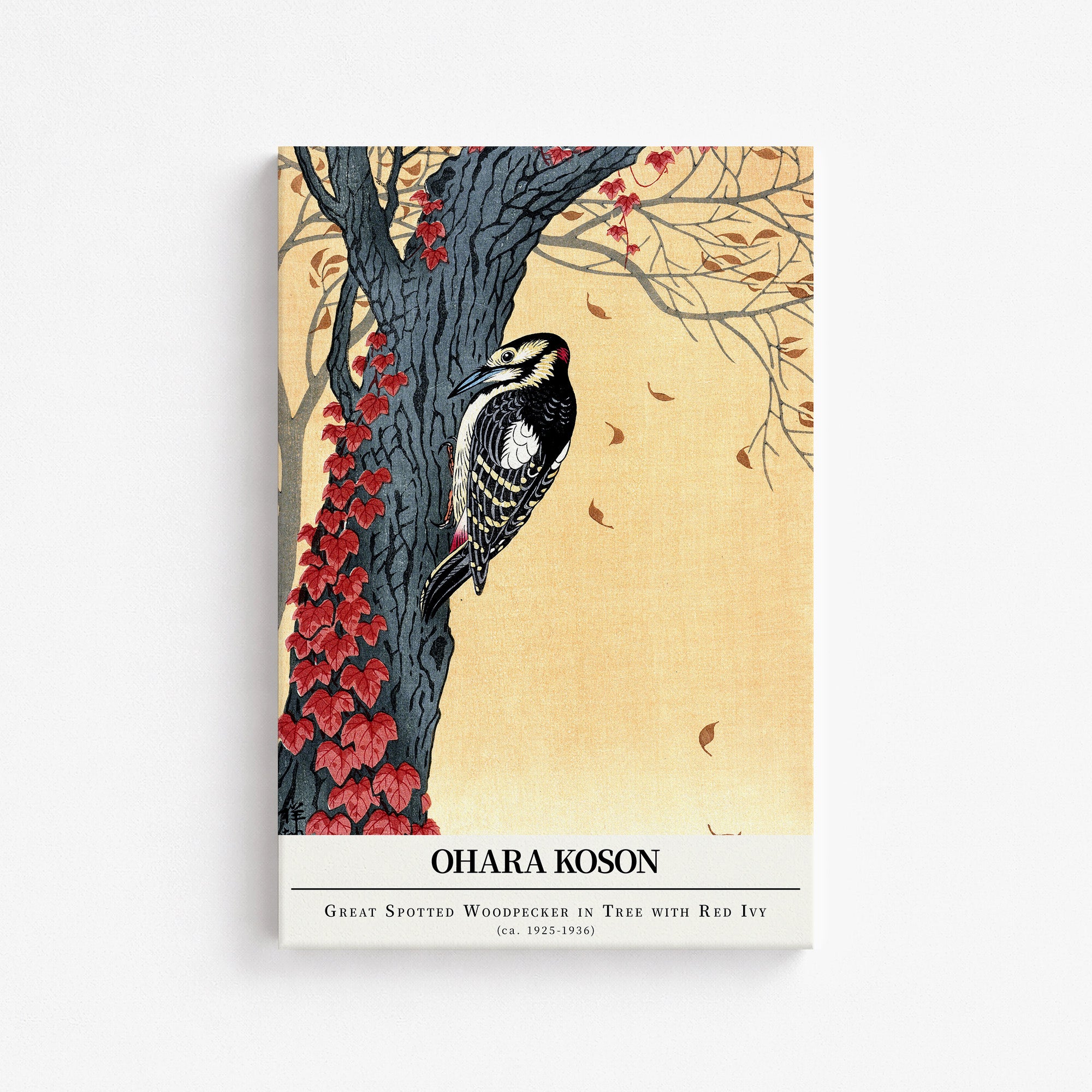 Ohara Koson: Great spotted woodpecker in tree with red ivy - Gallery-style, 61x91cm Satin Canvas Art Reproduction