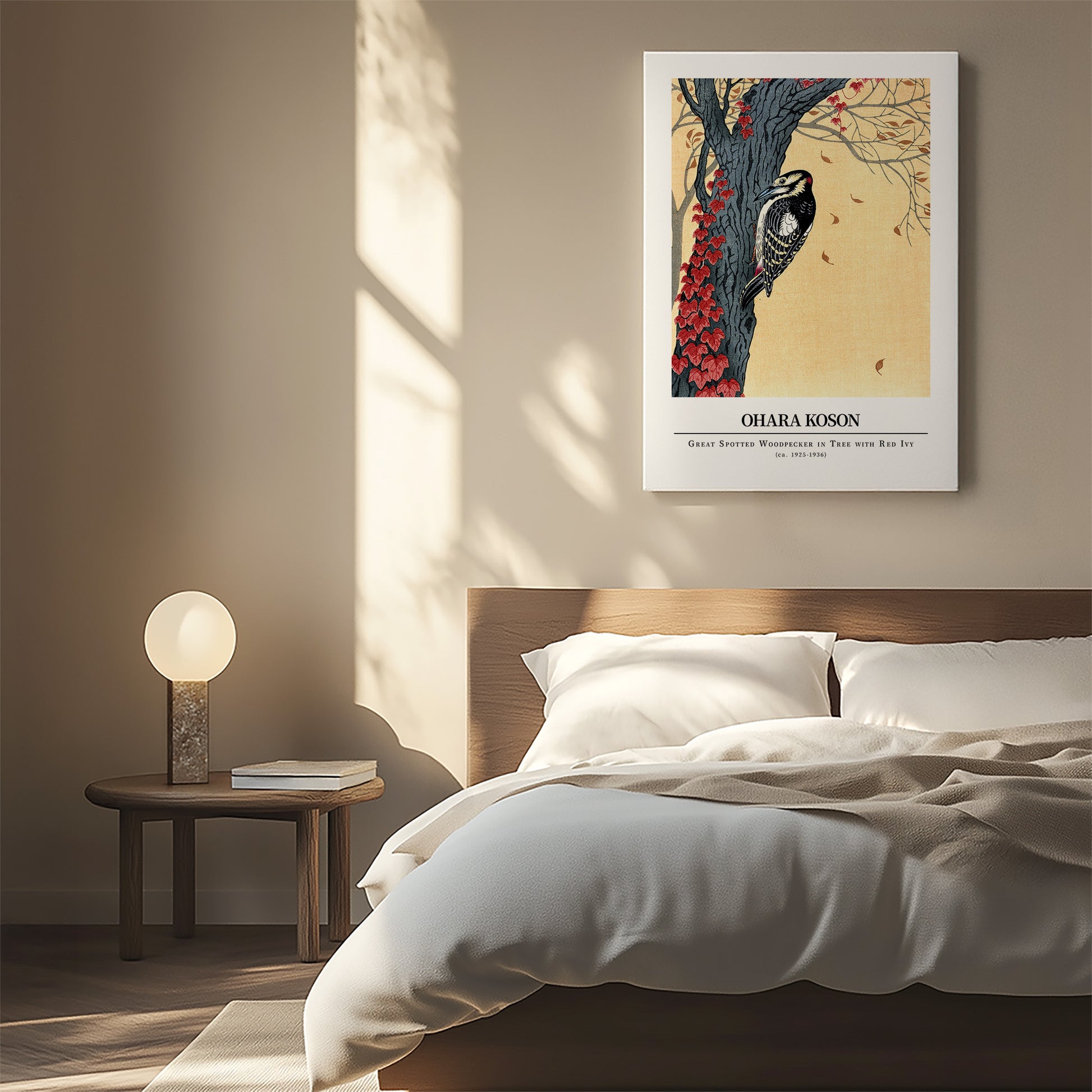 Design Concept No. 55 for Ohara Koson: Great spotted woodpecker in tree with red ivy - Gallery-style Japanese Satin Canvas Wall Art