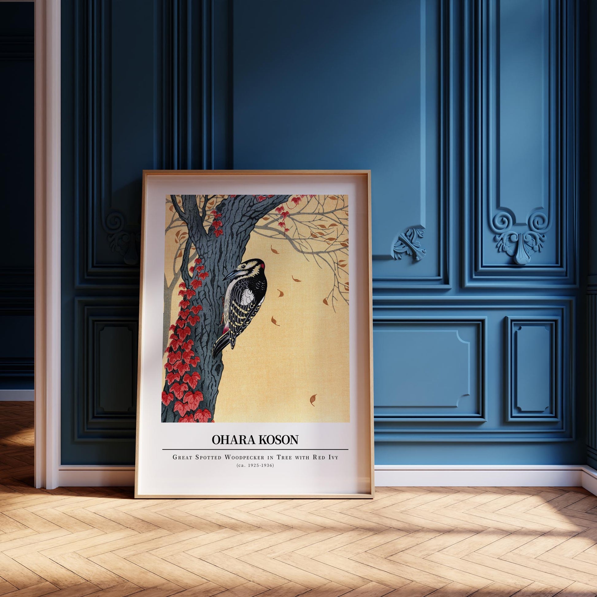 Design concept No. 12 for Ohara Koson: Great spotted woodpecker in tree with red ivy - Gallery-style Japanese Wall Art