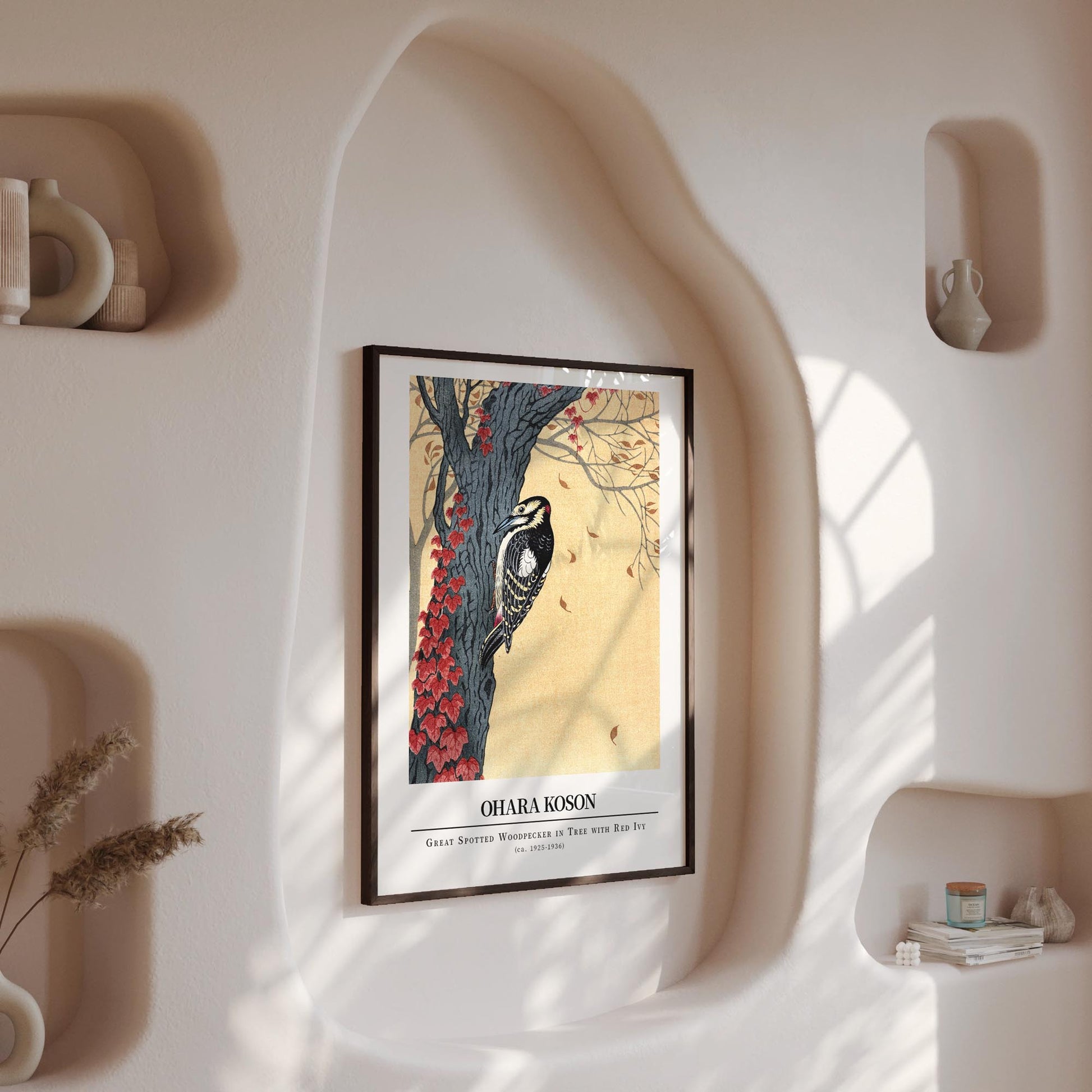Design concept No. 13 for Ohara Koson: Great spotted woodpecker in tree with red ivy - Gallery-style Japanese Wall Art