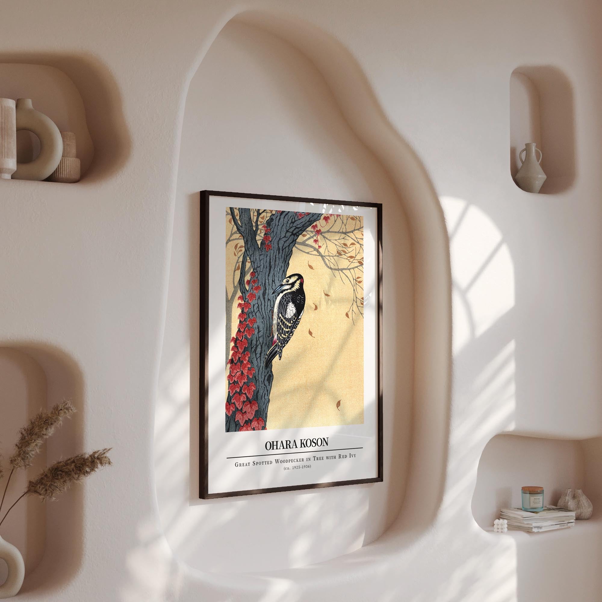 Design concept No. 13 for Ohara Koson: Great spotted woodpecker in tree with red ivy - Gallery-style Japanese Wall Art