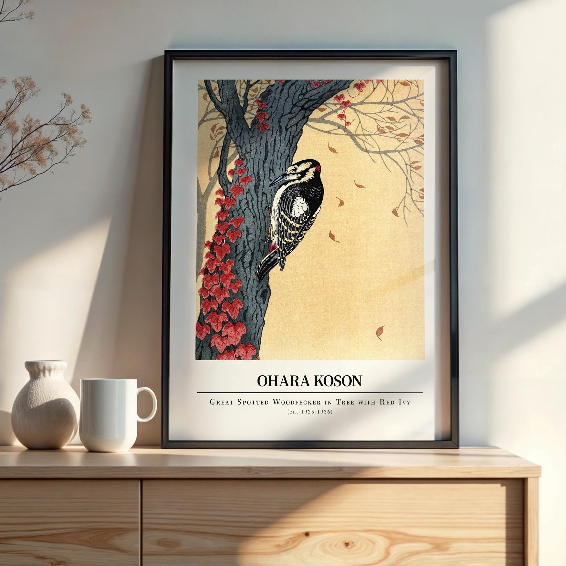Design concept No. 22 for Ohara Koson: Great spotted woodpecker in tree with red ivy - Gallery-style Japanese Wall Art