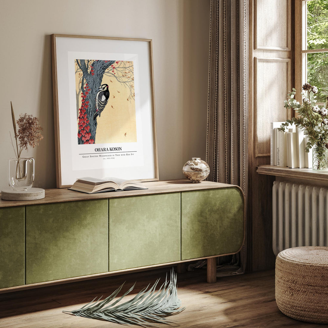 Ohara Koson: Great spotted woodpecker in tree with red ivy - Gallery-style 50x70 cm Art Reproduction With Black Frame