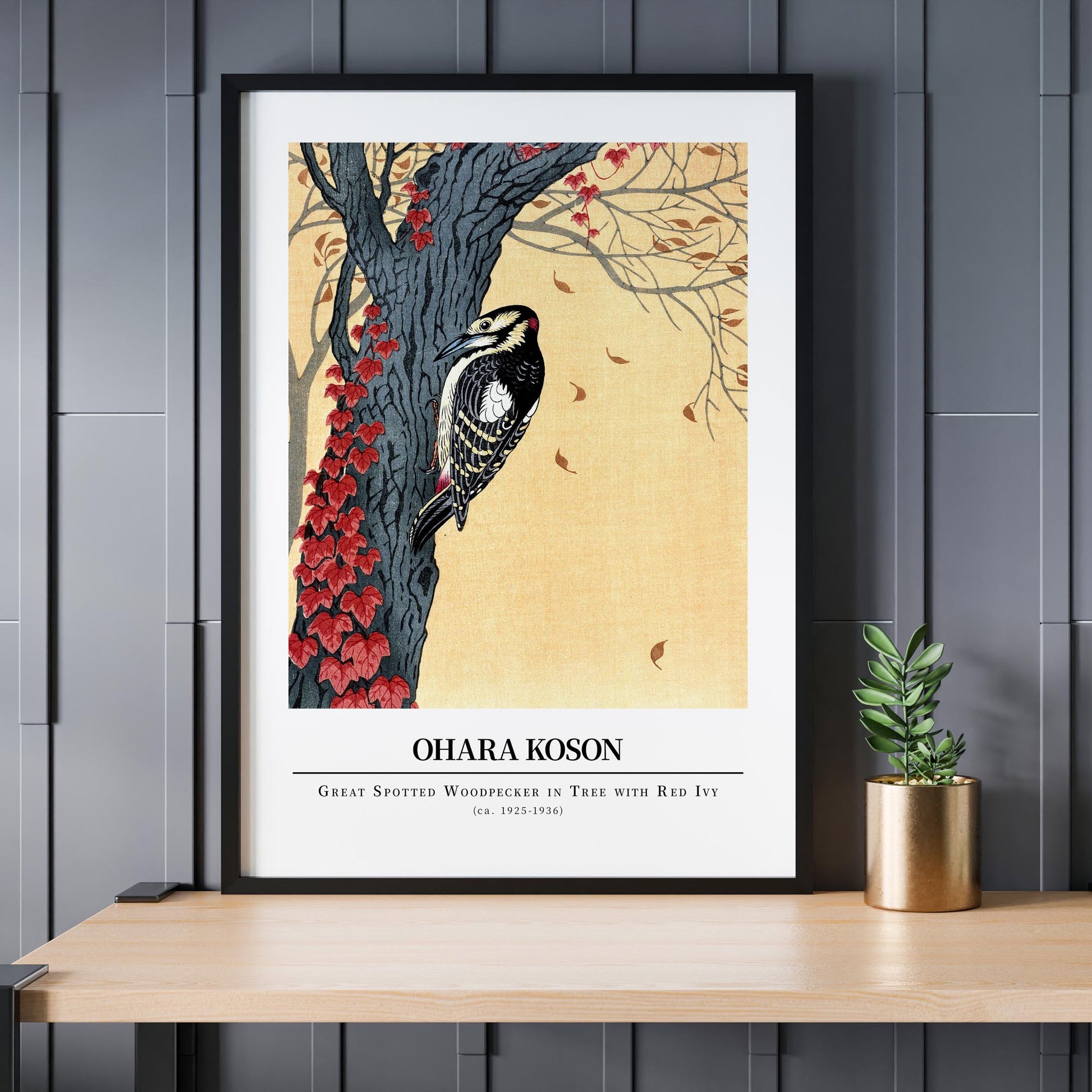 Design concept No. 24 for Ohara Koson: Great spotted woodpecker in tree with red ivy - Gallery-style Japanese Wall Art