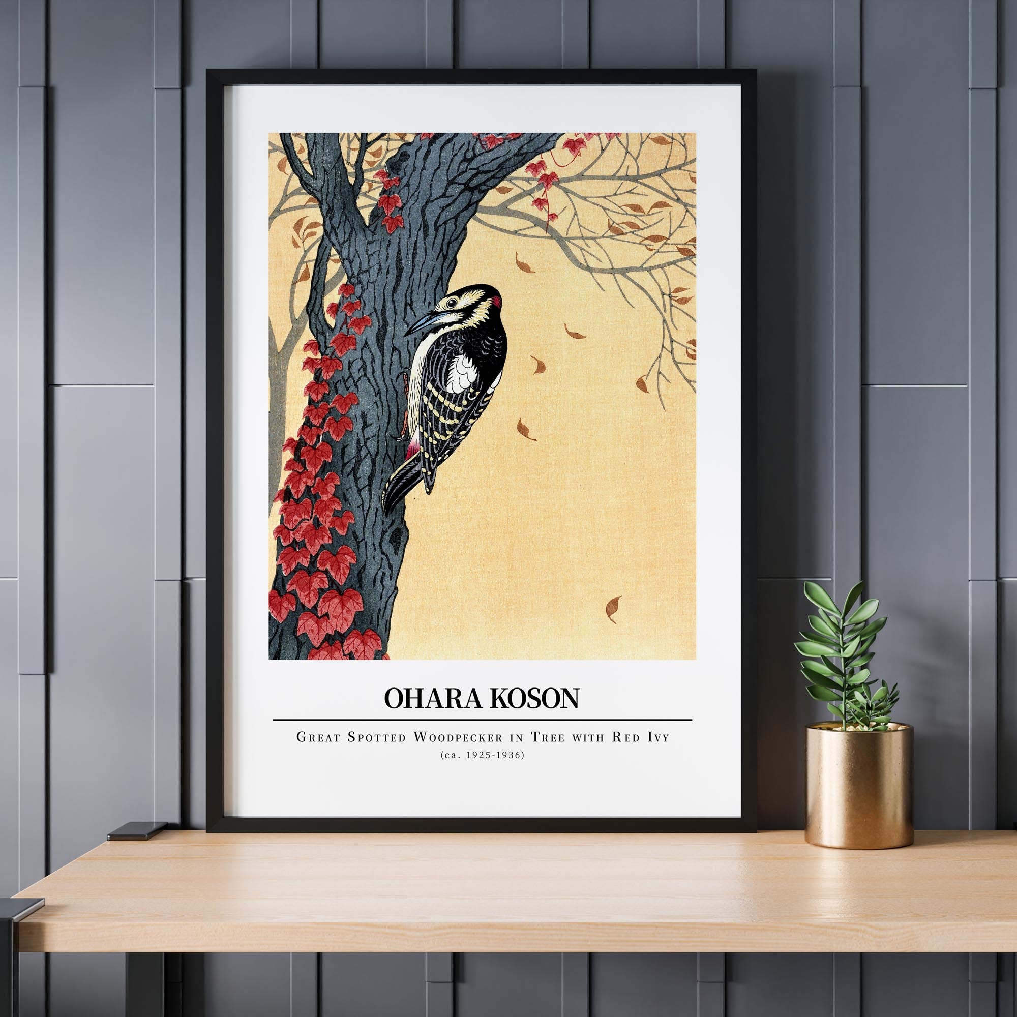 Design concept No. 24 for Ohara Koson: Great spotted woodpecker in tree with red ivy - Gallery-style Japanese Wall Art