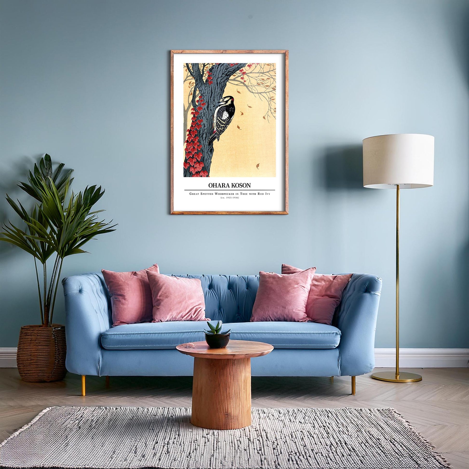 Design concept No. 28 for Ohara Koson: Great spotted woodpecker in tree with red ivy - Gallery-style Japanese Wall Art