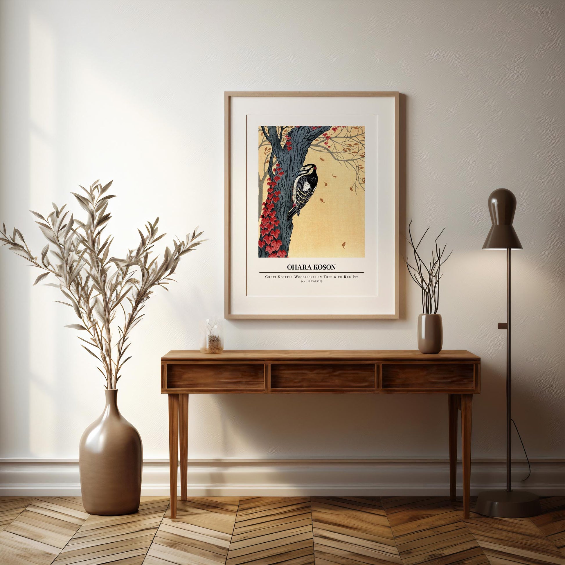 Design concept No. 37 for Ohara Koson: Great spotted woodpecker in tree with red ivy - Gallery-style Japanese Wall Art