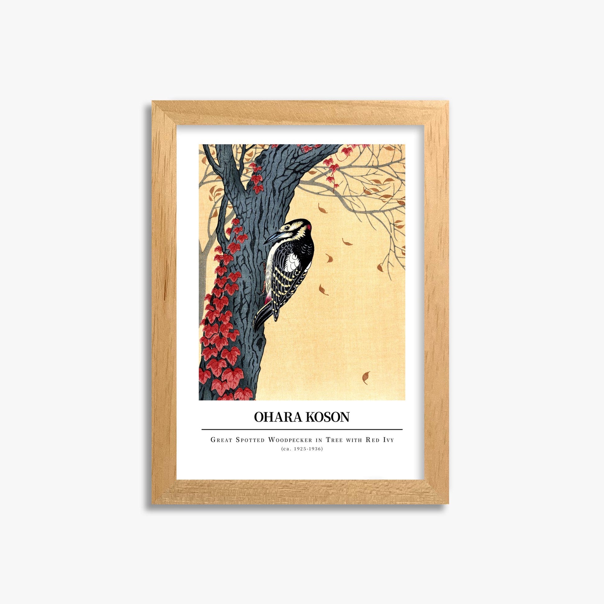 Ohara Koson: Great spotted woodpecker in tree with red ivy - Gallery-style 21x30 cm Art Reproduction With Oak Frame