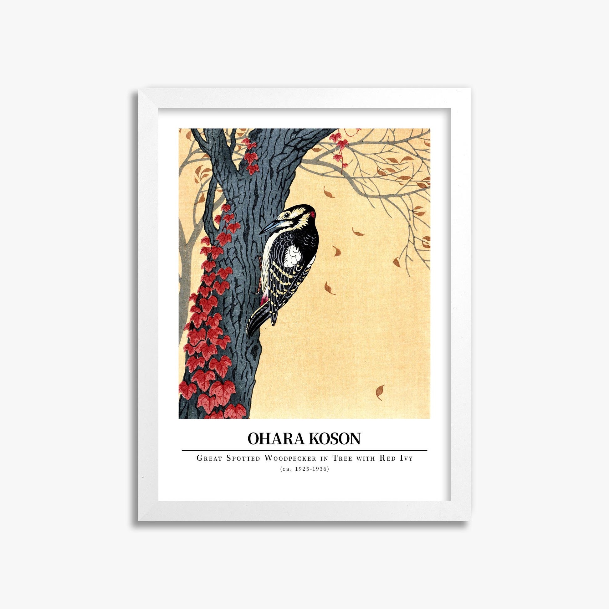 Ohara Koson: Great spotted woodpecker in tree with red ivy - Gallery-style 30x40 cm Art Reproduction With White Frame
