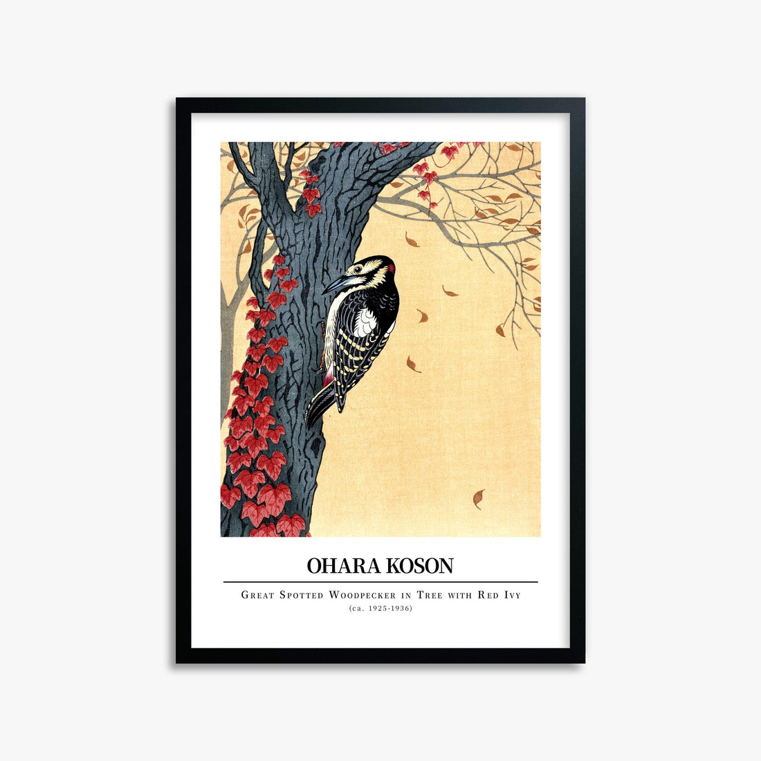 Ohara Koson: Great spotted woodpecker in tree with red ivy - Gallery-style 50x70 cm Art Reproduction With Black Frame