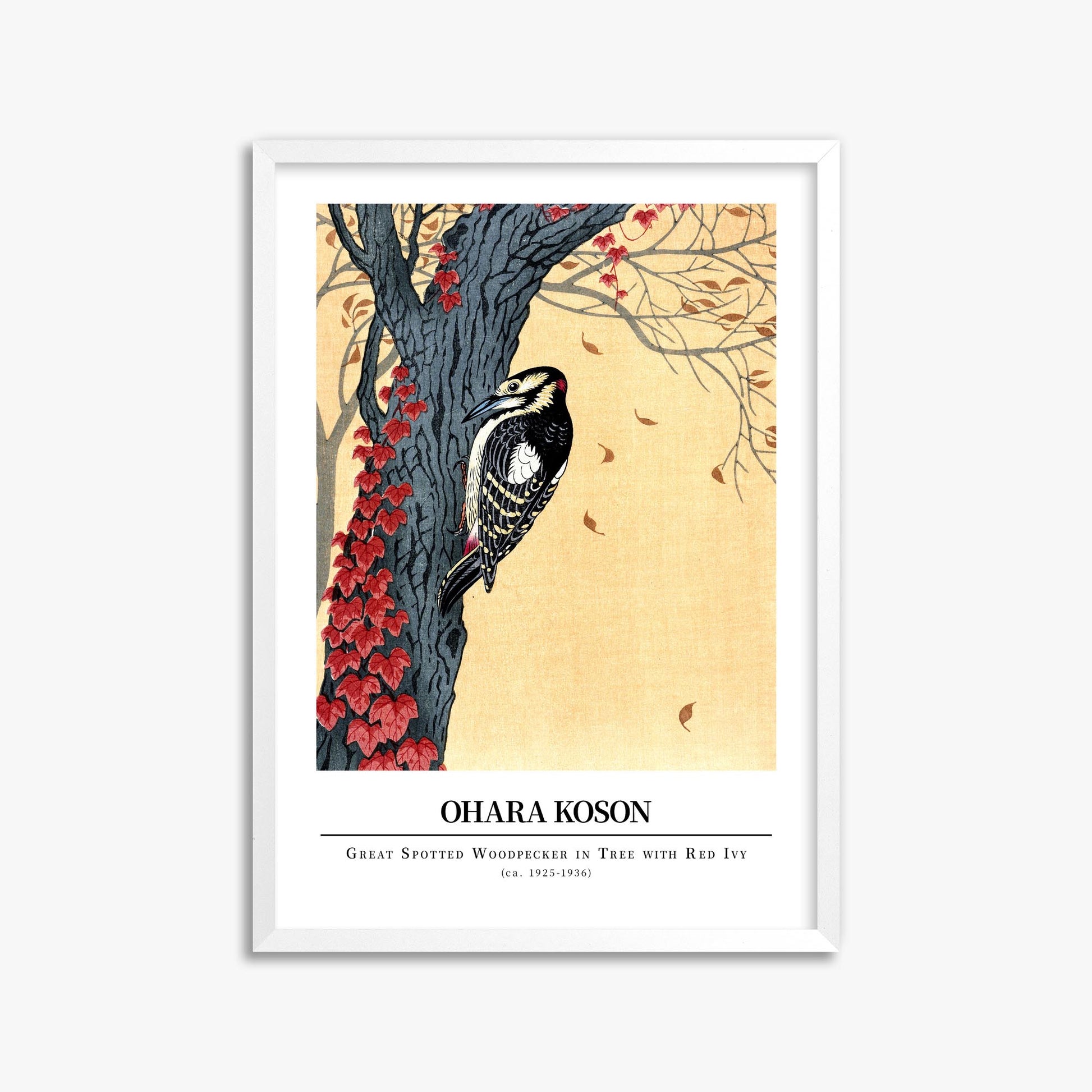 Ohara Koson: Great spotted woodpecker in tree with red ivy - Gallery-style 50x70 cm Art Reproduction With White Frame