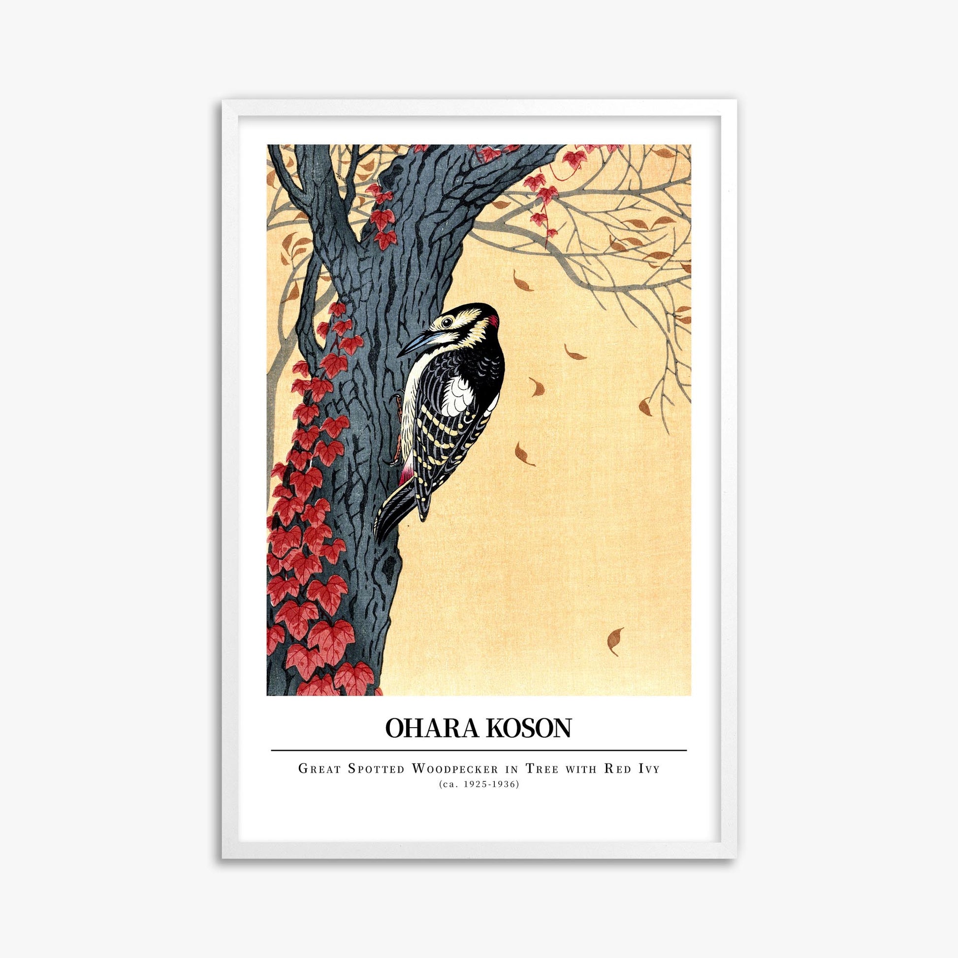 Ohara Koson: Great spotted woodpecker in tree with red ivy - Gallery-style 61x91 cm Art Reproduction With White Frame